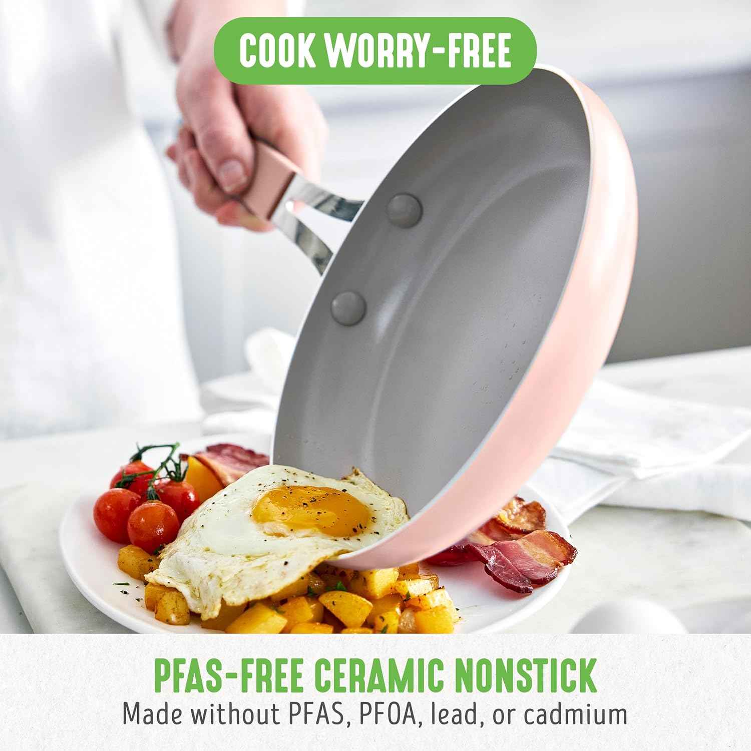 GreenLife 8” & 10” 2 Piece Nonstick Ceramic Frying Pan Set, Lightweight Healthy PFAS-Free Skillets, Dishwasher & Oven Safe, Durable Body, Silicone Stay-Cool Handles, Easy Release, Pink