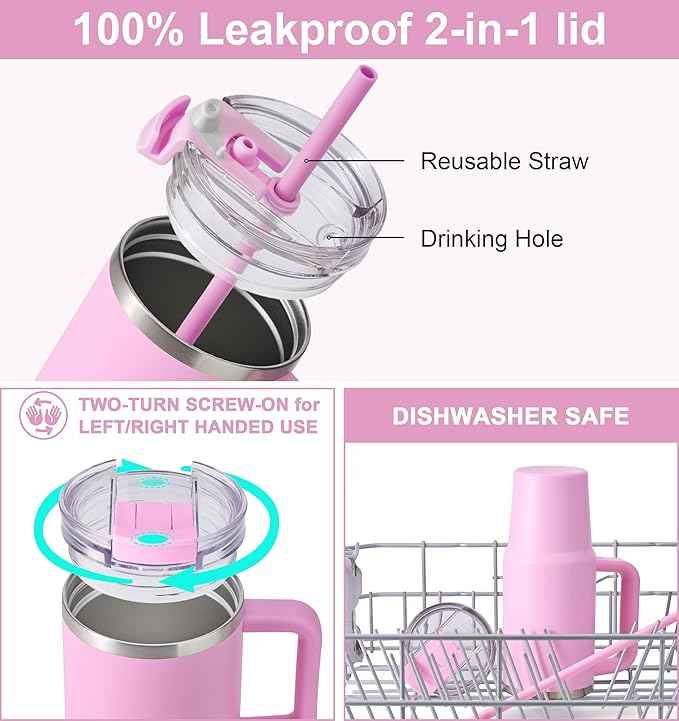 SUNWILL Coffee Tumbler with Handle, 30 oz Travel Mug with Lid and Straw Insulated, Stainless Steel Cup Leak Proof for Travel & Outdoor, Cupholder Friendly, Powder Coated Pink