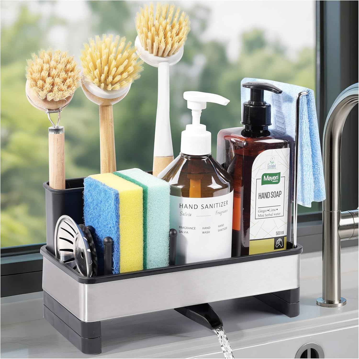 Kitchen Sink Caddy Organizer, Stainless Steel Sponge Holder, Kitchen Caddy Sink Organizer with Dish Brush Holder and Dishcloth Rack, Rustproof Dish Sponge Drying Rack for Countertop Storage