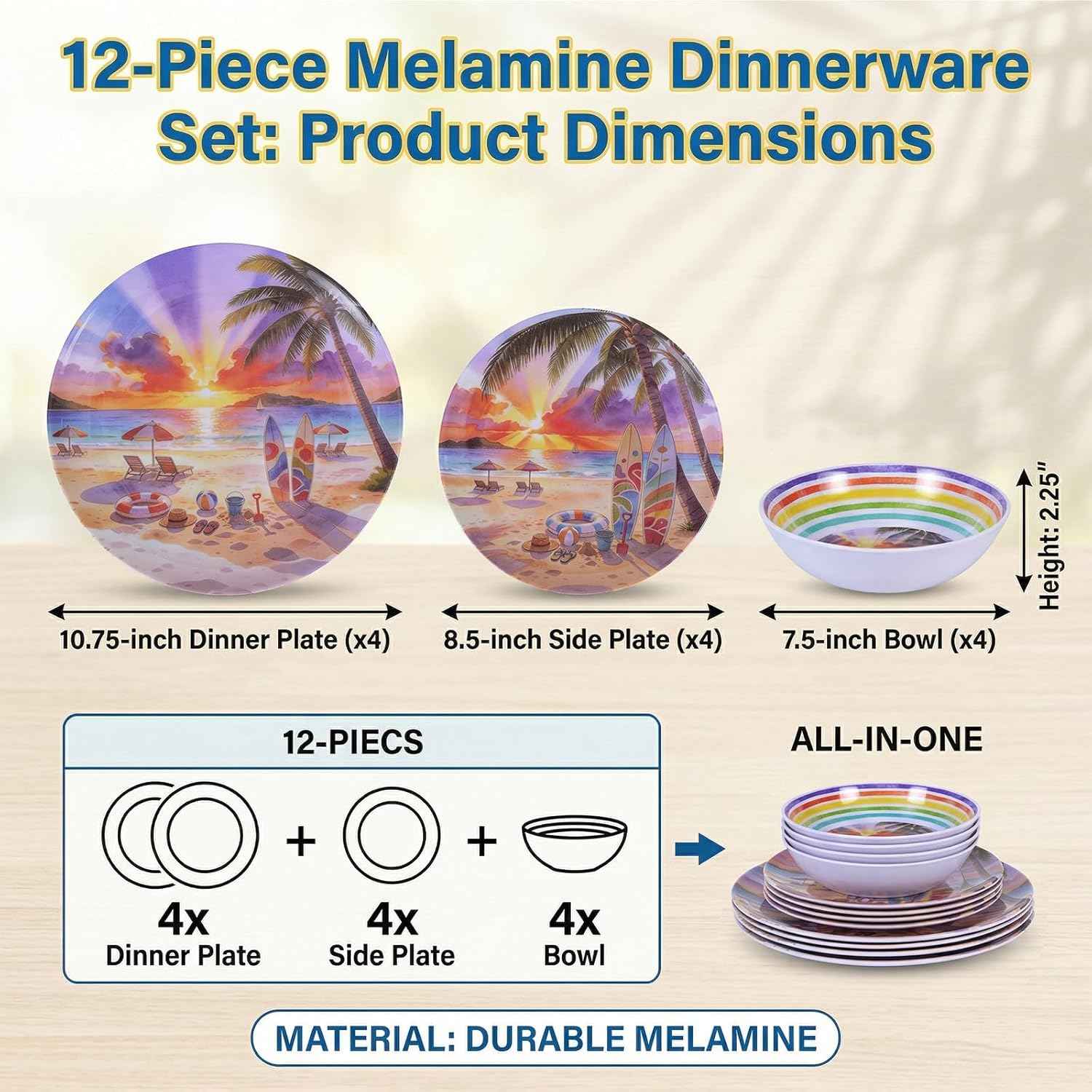 12 Piece Melamine Plates and Bowls Set - Beach Sunset Melamine Dinnerware Set for 4，Unbreakable Dishes Set，Stackable Lightweight Plates & Bowls for Indoor & Outdoor Use，Tropical Sunset