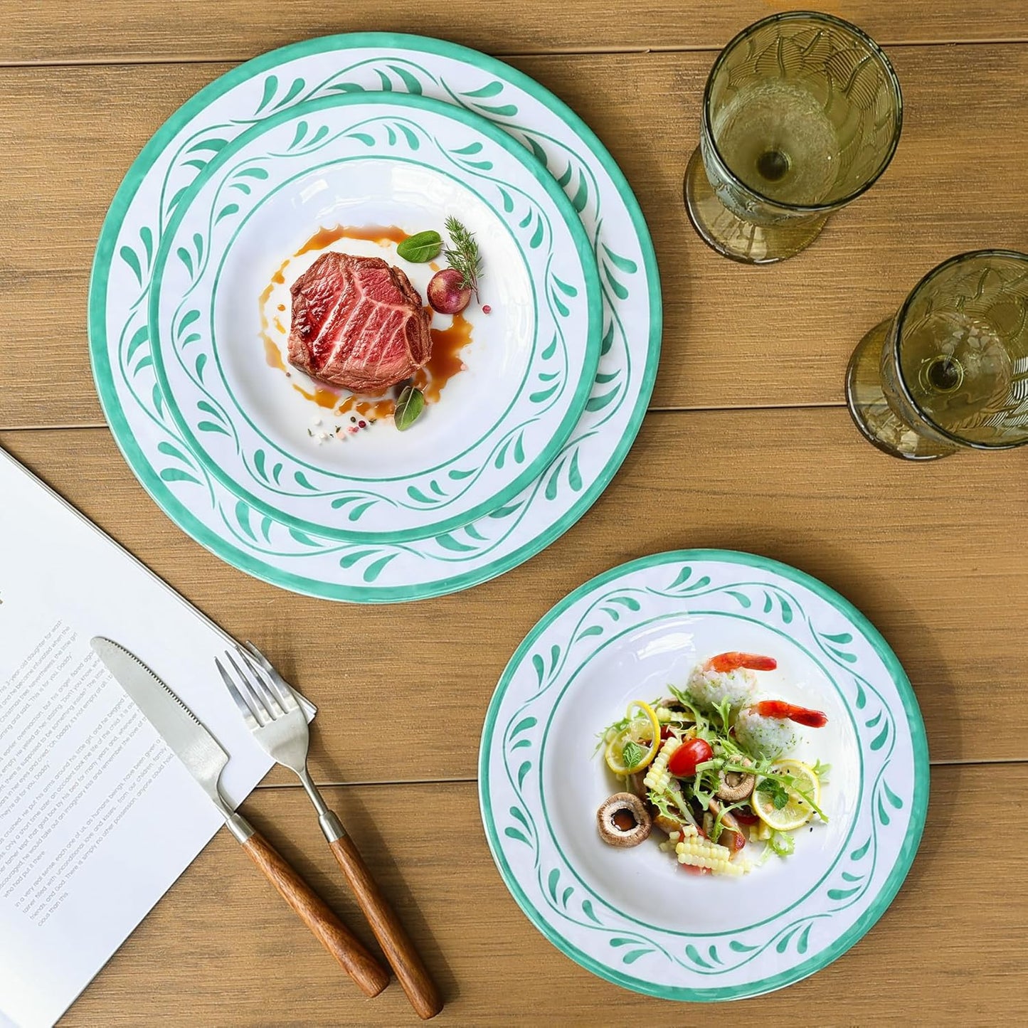 Melamine Dinnerware Sets 12 Pcs, Melamine Plates and Bowls,Party Plates and Bowls Sets, Camping Dishes Set for 4, Unbreakable, BPA Free, Dishwasher Safe （Green water drop flower）