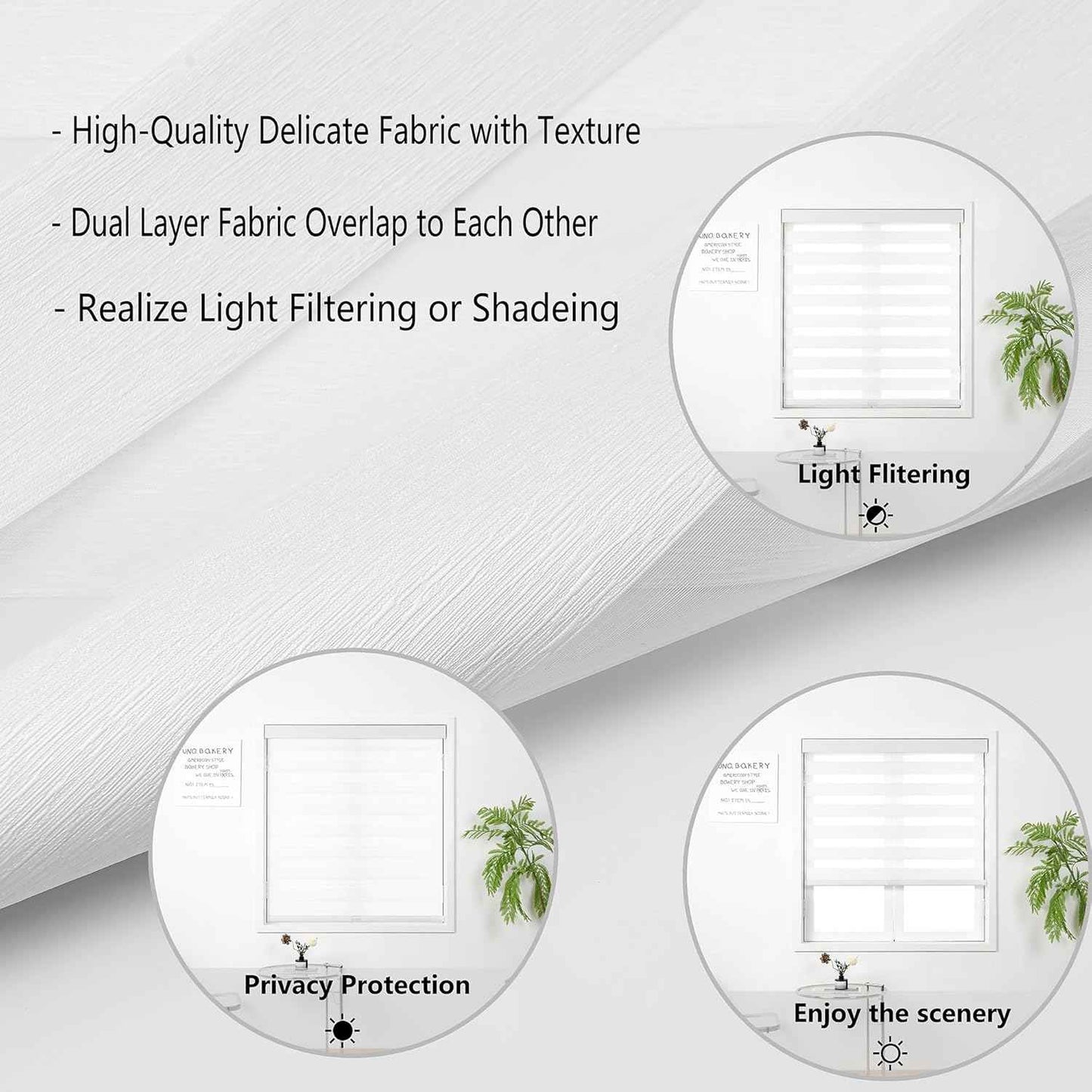 Cordless Zebra Blinds for Windows, Free-Stop Pull Down Roller Window Shades with Valance, Light Filtering Dual Layers Sheer Shades for Home and Office, White, 23" W x 72" H