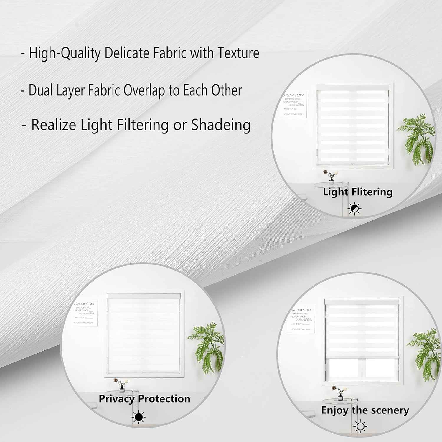 Cordless Zebra Blinds for Windows, Free-Stop Pull Down Roller Window Shades with Valance, Light Filtering Dual Layers Sheer Shades for Home and Office, White, 23" W x 72" H