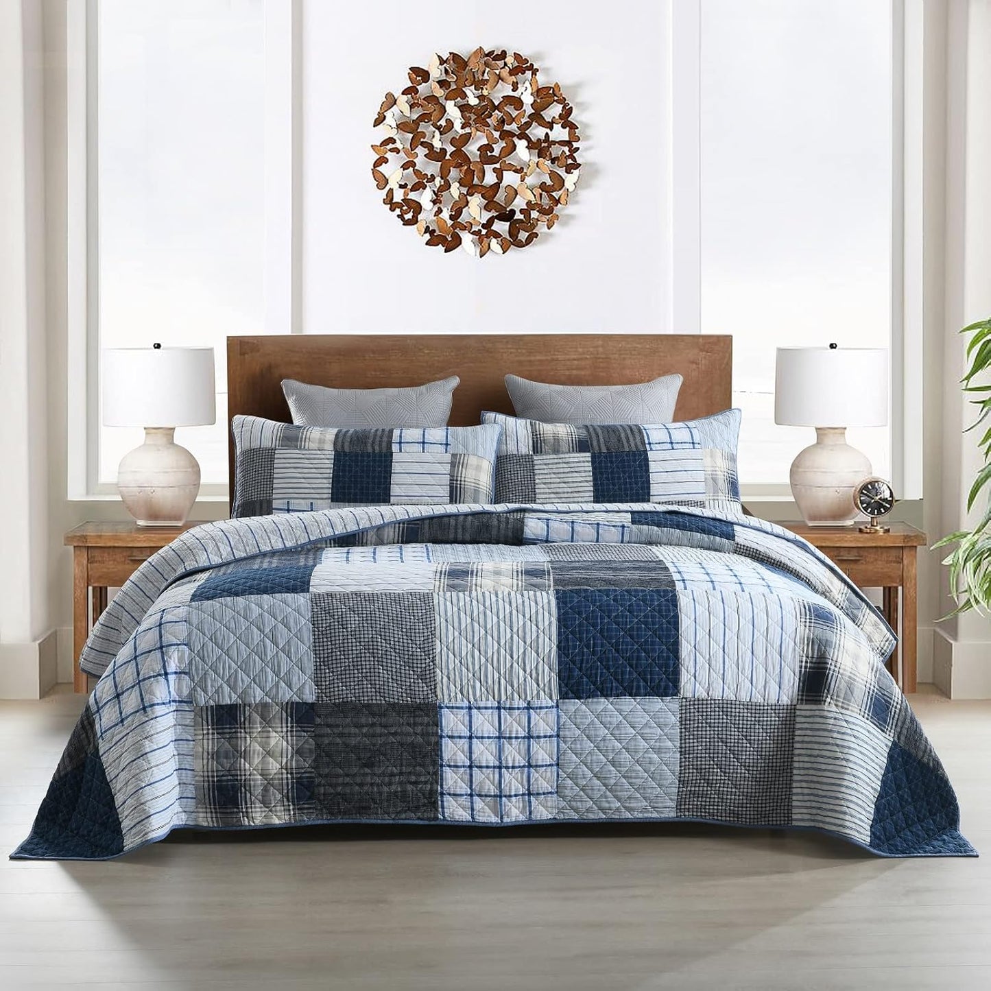 Yvooxny Queen Quilt Set Bedspread Reversible Plaid Grid Quilted Bedspread 3-Piece Real Patchwork Quilt Bedding Set ith Shams for All Seasons, Queen Size, 98 * 90 Inches