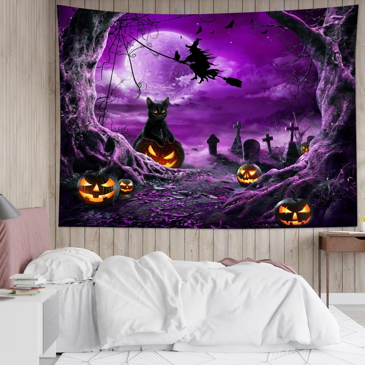 LB Halloween Wall Tapestry - Horror Witch Cat, Dead Tree, Pumpkin Lights With Spooky Graveyard - Purple Full Moon Over Misty Forest for Bedroom Living Room Dorm 48x36 Inch