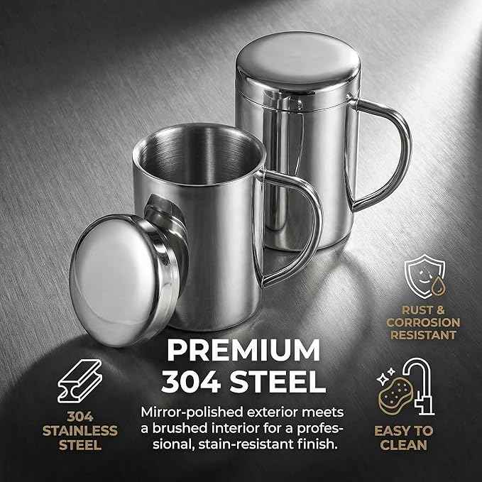 Yesland 2 Pack 13.5 oz (400ml) Stainless Steel Double-Walled Metal Mugs - Perfect Size for Coffee & Tea, Insulated Cup with Lid and Handle, Thermal Camping Mugs for Hot and Cold Drinks
