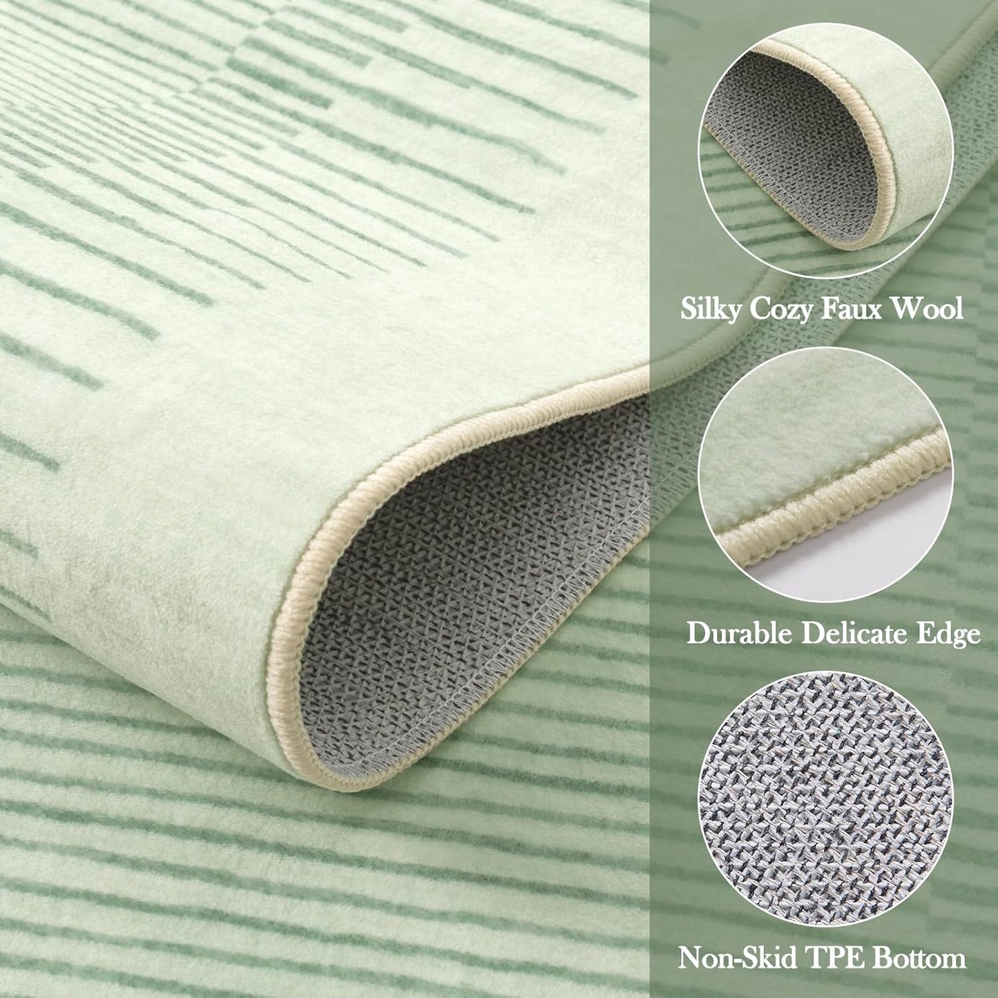 Wonnitar Washable Striped 5x7 Living Room Area Rug, Non-Slip Green Berber Stripe Rugs for Bedroom, Low Pile Soft Minimalist Floor Carpets for Kids Nursery Room Dining Room (Green,5' x 7')