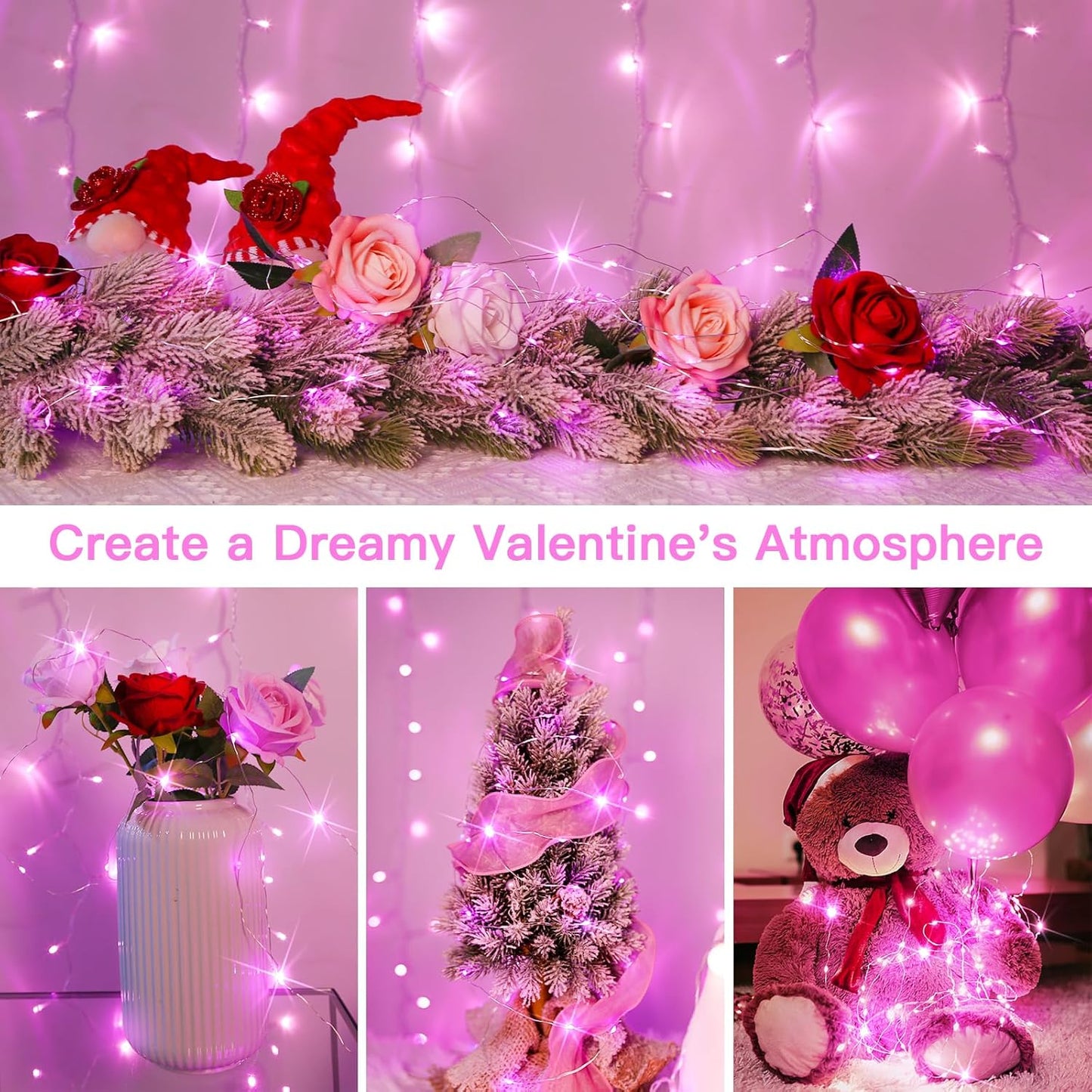 suddus Pink Christmas Fairy Lights Battery Operated Outdoor Waterproof, 66ft 200 Led String Lights with Remote, Twinkle Lights for Bedroom, Dorm, Tapestry, Party Decorations