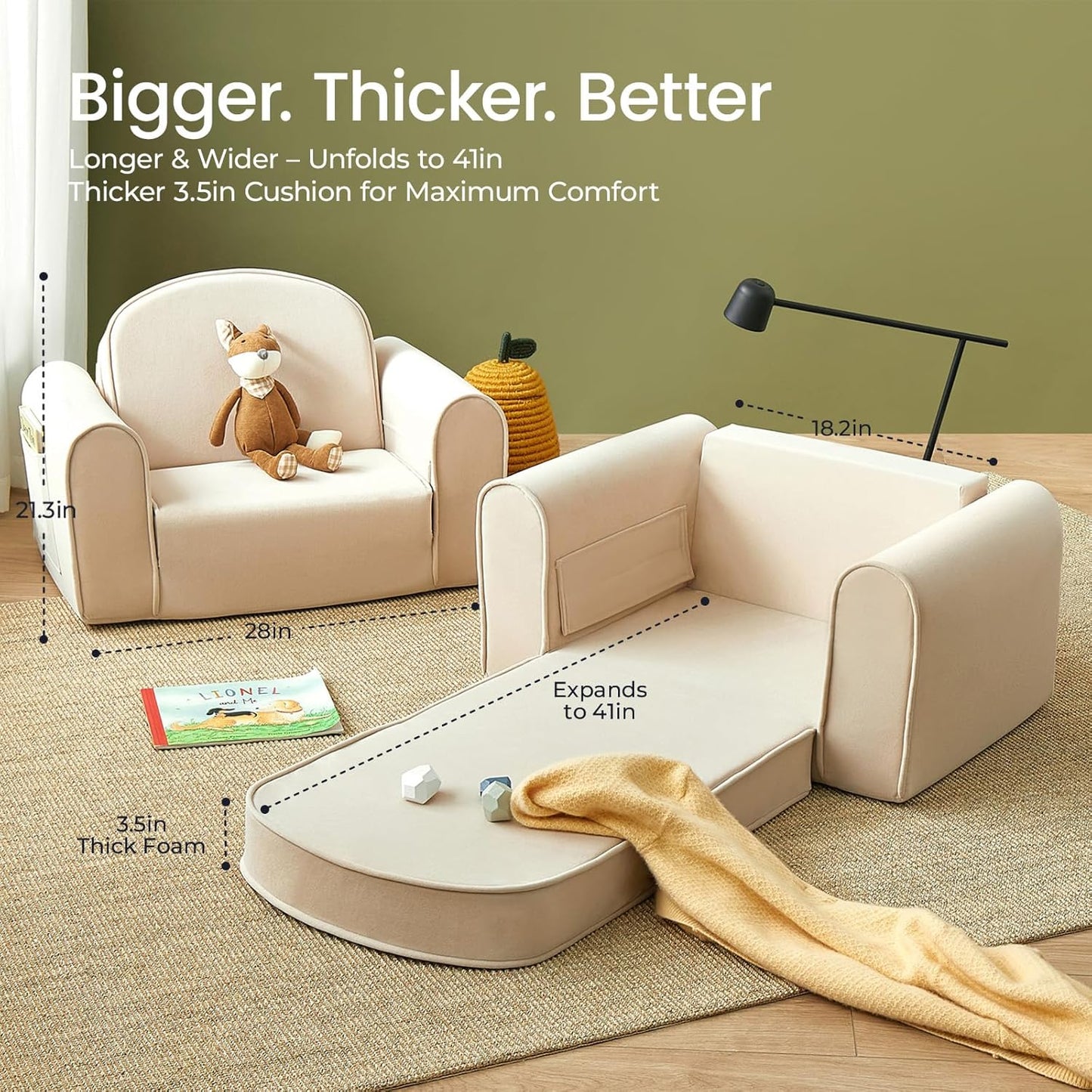 Tiny Land 2-in-1 Foldable Kids Couch with Pockets – Soft Thick Toddler Sofa, Lounger Couch, Convertible Kids Chair for Playroom, Bedroom or Living Room, Gift for Boys & Girls(Beige)