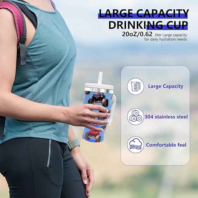 2PCS 20-OZ Insulated Water Bottle,Insulated Stainless Steel Tumbler,Reusable Cold Drink Thermos,BPA-Free, Double-Wall Stainless Steel Water Bottle (Light blue-Monster trucks, 20, Fluid Ounces)