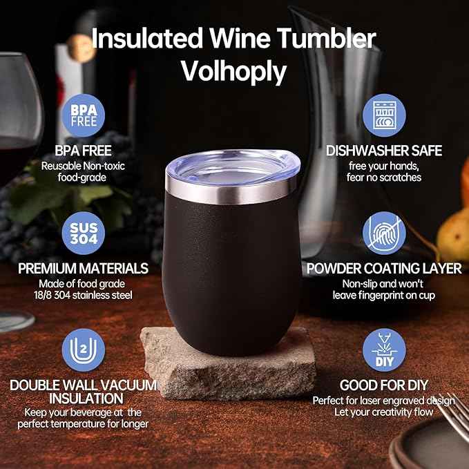 Volhoply 12oz Stainless Steel Wine Tumbler with Lid and Straw,Double Wall Vacuum Insulated Stemless Wine Glasses,Reusable Travel Coffe Mug for Cold Drinks,Small Tumblers Gifts for Women（Black,1 Set）