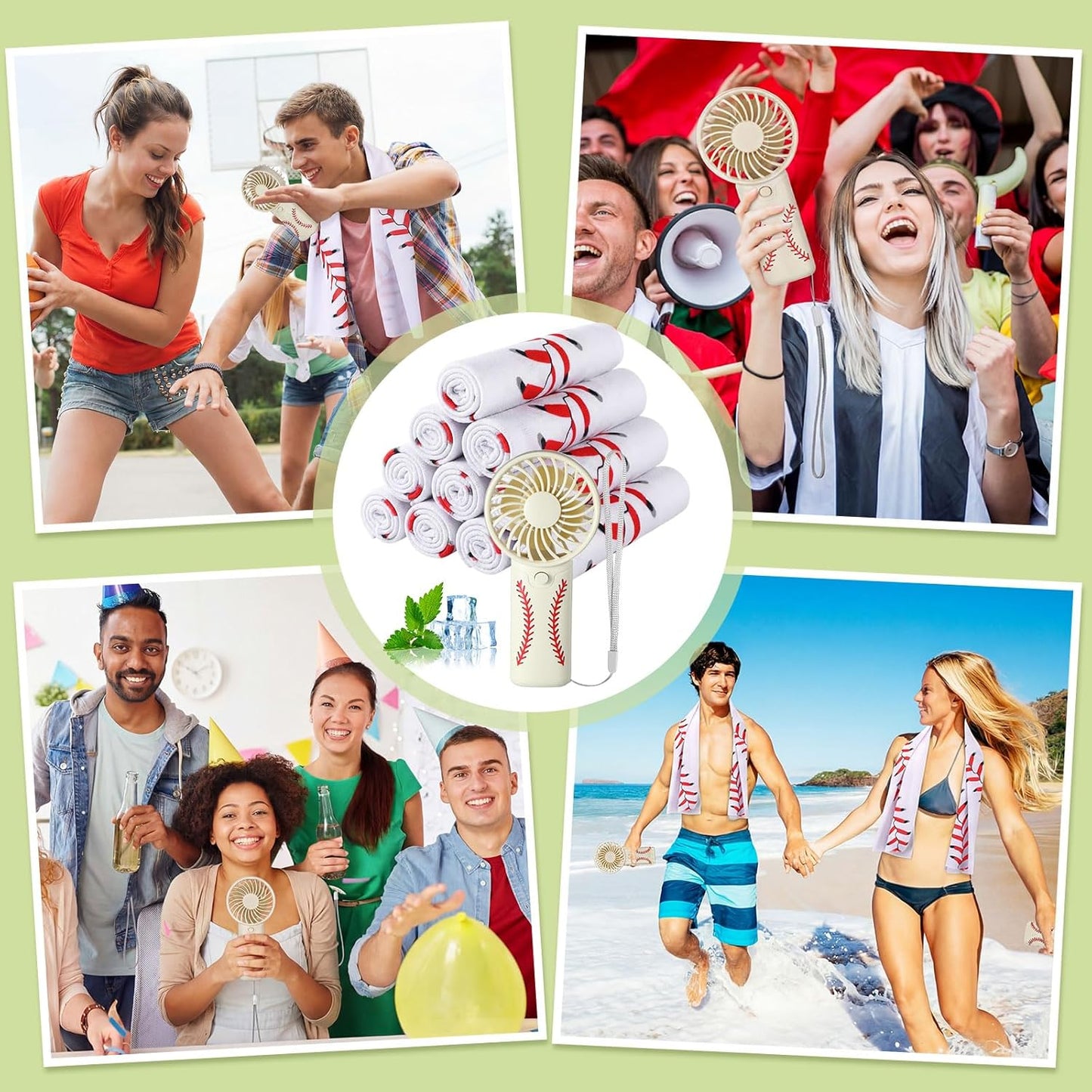 Retisee 24 Pcs Baseball Cooling Towel Mini Portable Fan Set 32 x 12 Inch Workout Towels Handheld Battery Powered Fan Sporting Baseball Gifts for Summer Team Gift Travel Camping Makeup Yoga Running