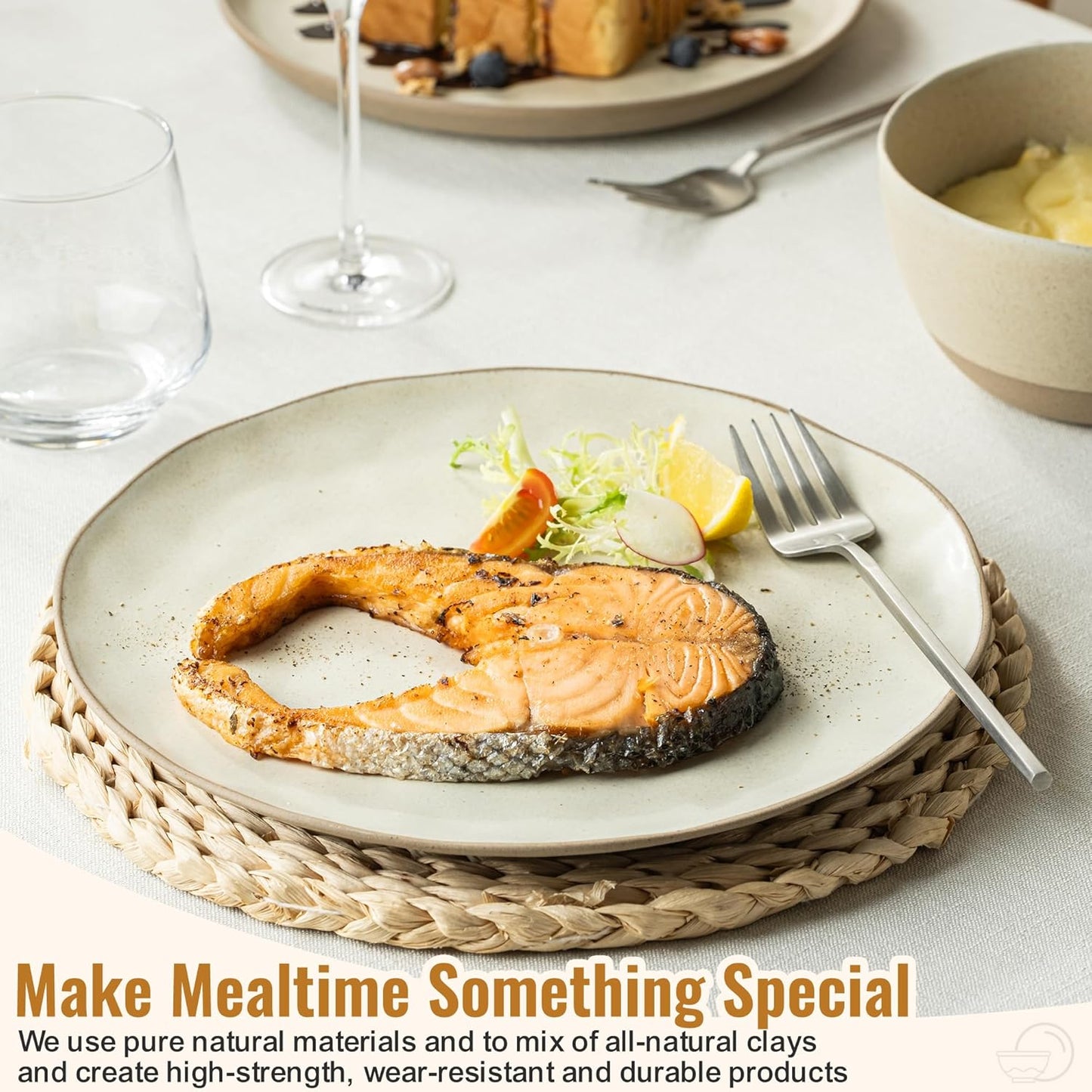 12 Pieces Dinnerware Sets,Plates and Bowls Sets, Handmade Reactive Glaze Dishes Set for 4 with at Least 10% Recycled Ceramic (Beige)