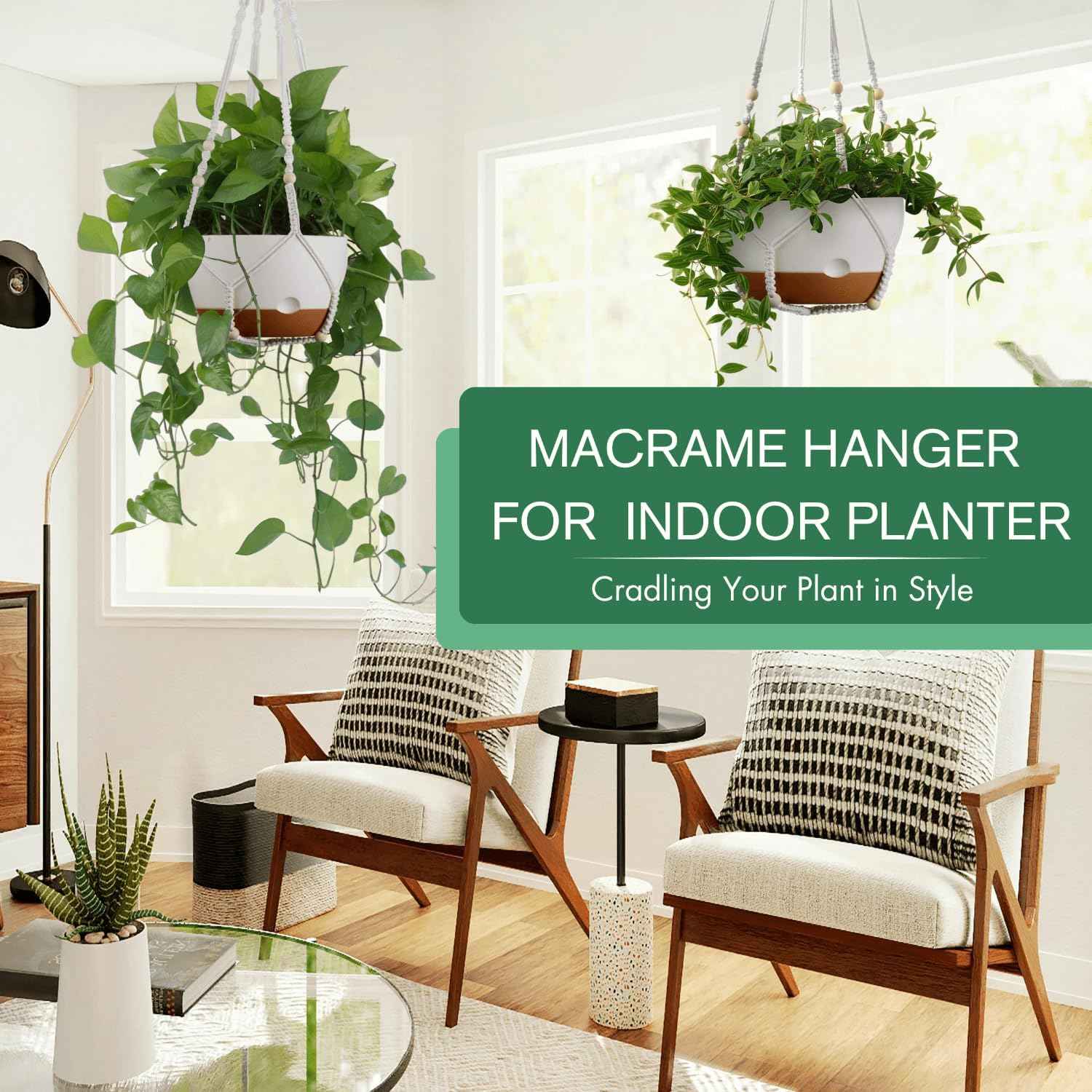 Set of 2-10 Inch Hanging Planters for Indoor Plants with Self-Watering Includes Hanging Pots for Plants, Outdoor Hanging Plant Pot with Drainage, and 2 Types of Hanging Baskets Hangers (White, 10inch)