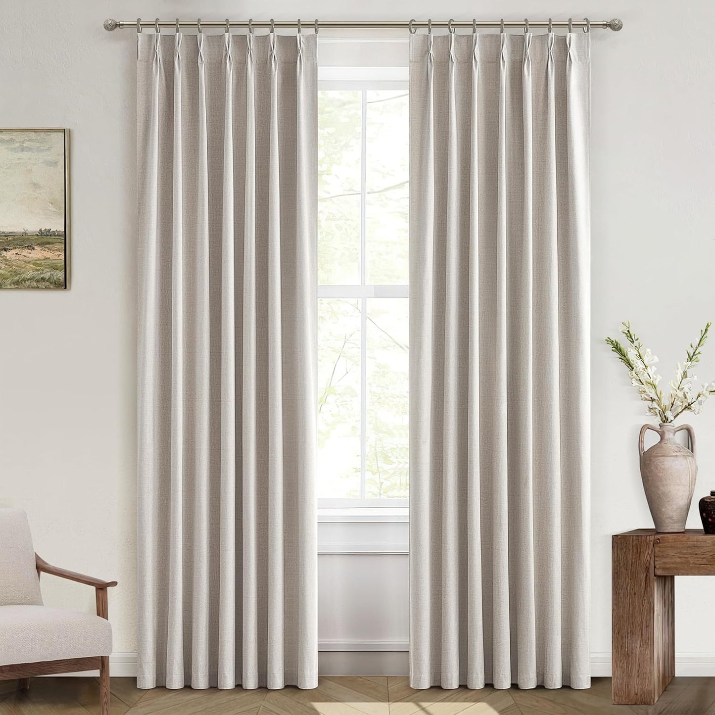 Natural Linen Pinch Pleated Blackout Curtains & Drapes 96 Inch Long Bedroom/Livingroom Farmhouse Curtains 2 Panel Sets, Neutral Track Room Darkening Thermal Insulated 8ft Back Tab Window Curtain