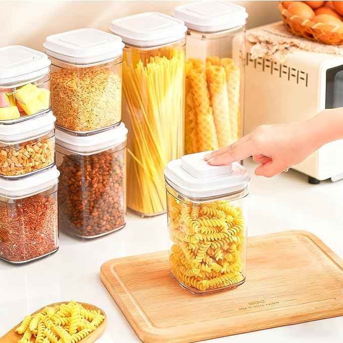 Pop Top Food Storage Container Set | 6Pcs Airtight Cereal Storage Organizer Canisters with Pop Lids, BPA-Free, Vacuum Seal & One-button Opening, Stackable Pantry Containers for Dry Food Storage