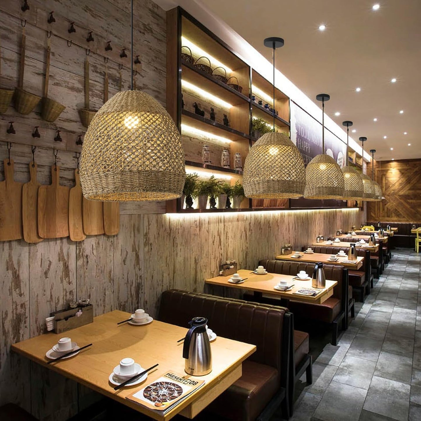 13.77" Rattan Pendant Light Rustic Hand-Woven Wicker Hanging Light 1-Light Water Plants Rattan Chandelier for Dining Living Bedroom Kitchen Farmhouse