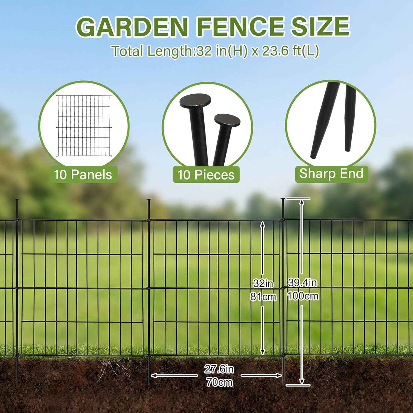 10 Panels No Dig Decorative Outdoor Garden Fence, 32in (H) x 23.6ft (L) Rustproof Metal Wire Rabbit Dog Garden Border Fencing for Yard, Animal Barrier with Ground Stakes for Patio