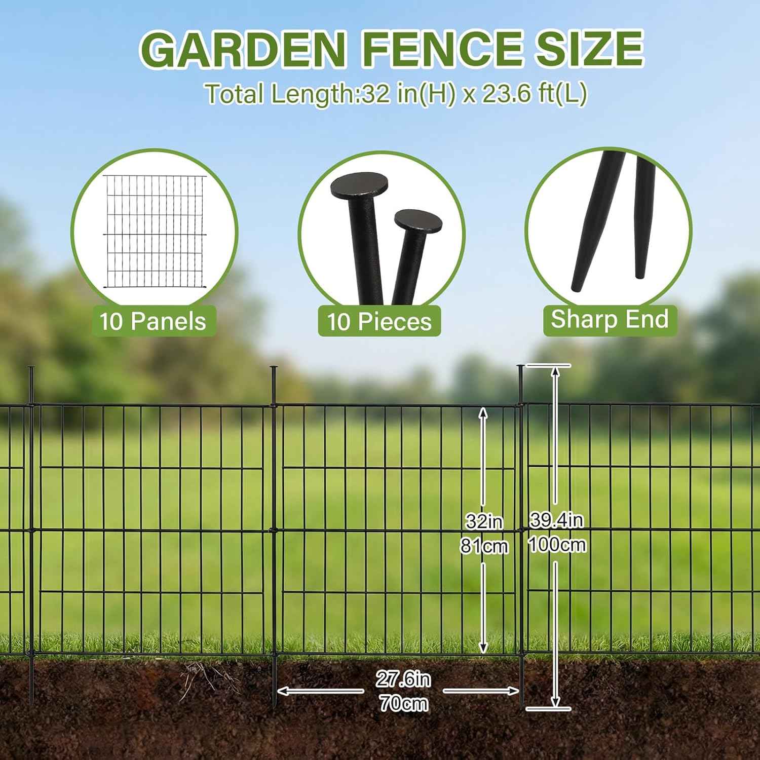 10 Panels No Dig Decorative Outdoor Garden Fence, 32in (H) x 23.6ft (L) Rustproof Metal Wire Rabbit Dog Garden Border Fencing for Yard, Animal Barrier with Ground Stakes for Patio