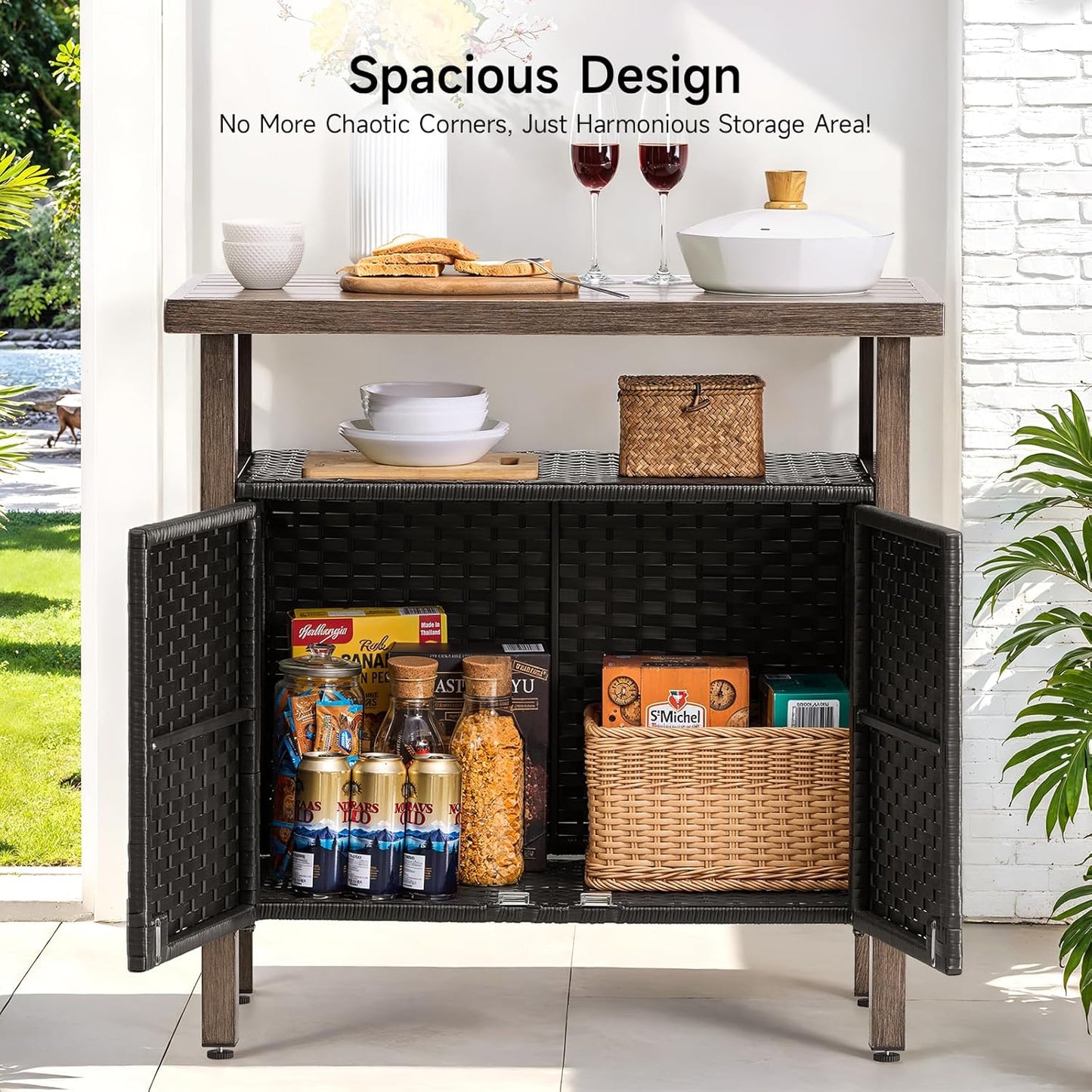 Outdoor Storage Cabinet, Woven Rattan Bar Table with 2 Doors, Slatted-Top, Wicker Console Table for Patio, Garden, Backyard, Kitchen - Black