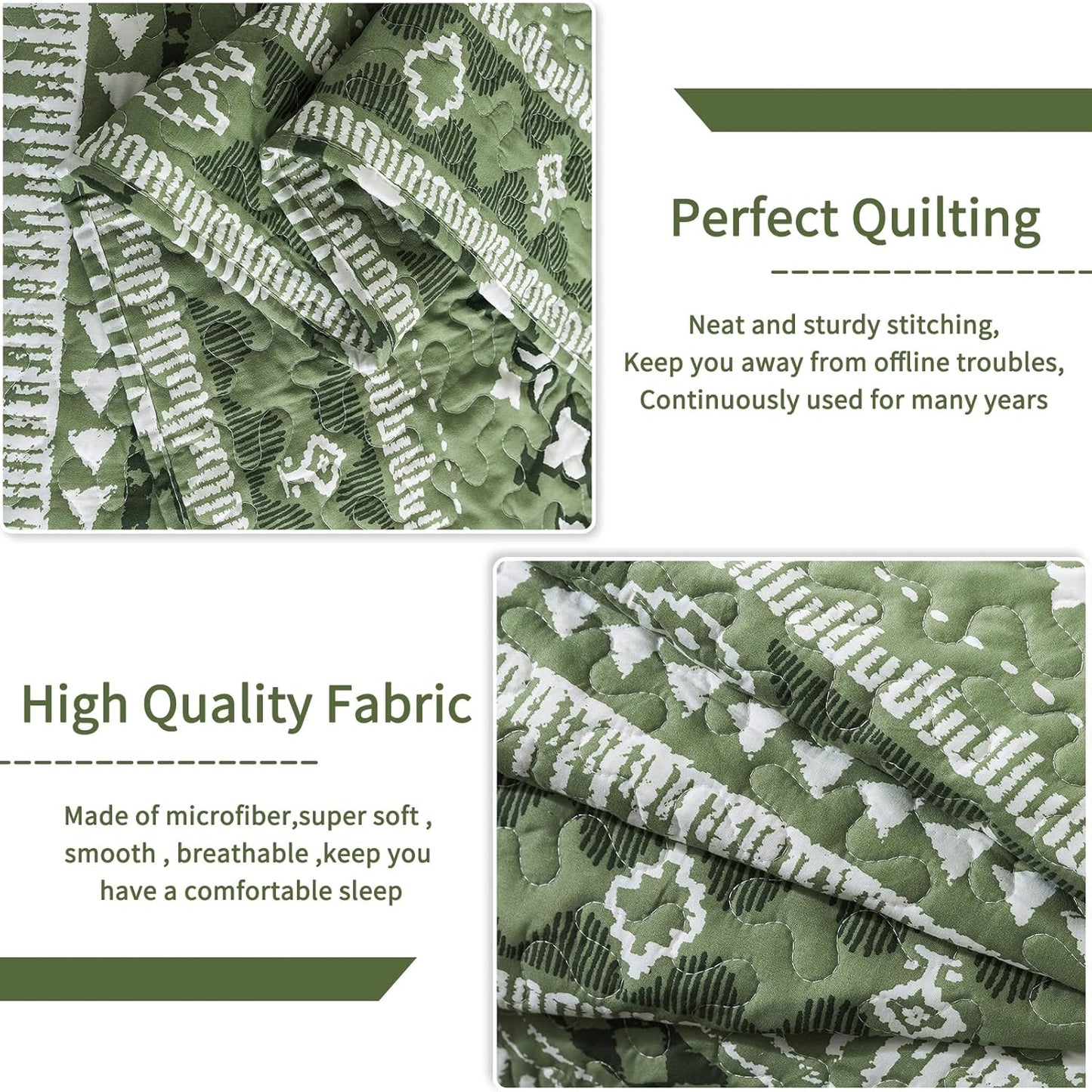 VAPUTAR Boho Quilts King Size, Stripe Reversible King Quilt Set, Lightweight All-Season Coverlet & Boho Bedspread- 3 Piece/Green