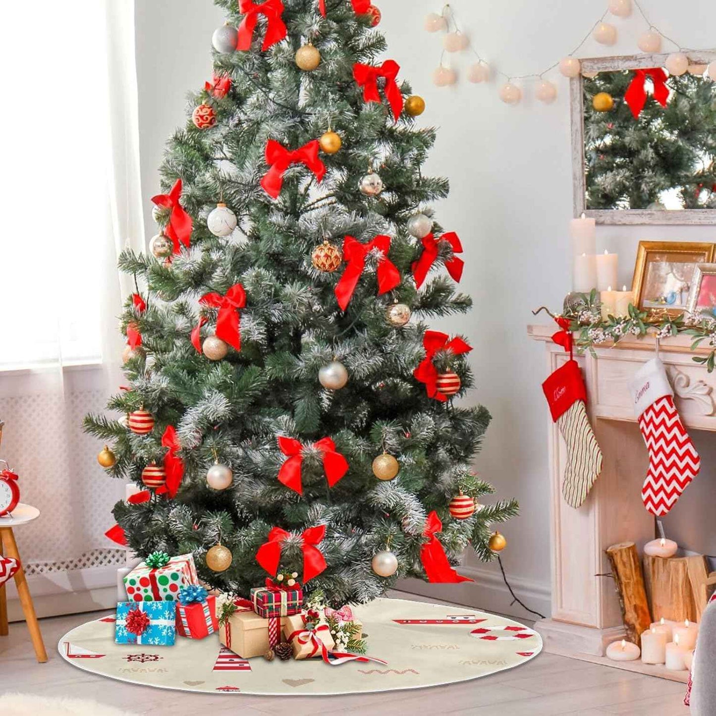 Cute Beer Christmas Tree Skirt 47.2 Inches Large Xmas Tree Mat Holiday Ornaments Tree Base Cover for Winter Home Party Decorations