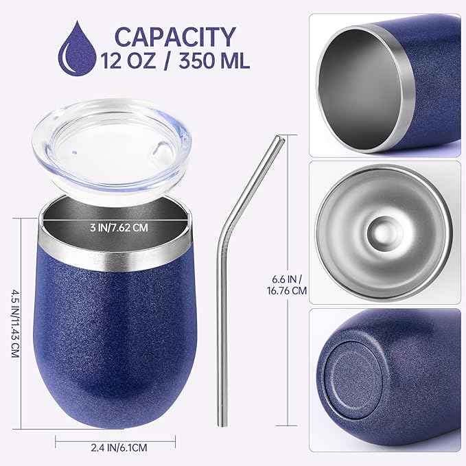 Volhoply 12oz Stainless Steel Wine Tumbler with Lid Bulk 12 Pack,Double Wall Vacuum Stemless Wine Glasses,Reusable Metal Travel Coffe Mug with Straw,Insulated Cups Gifts for Christmas（Navy,12 Set）