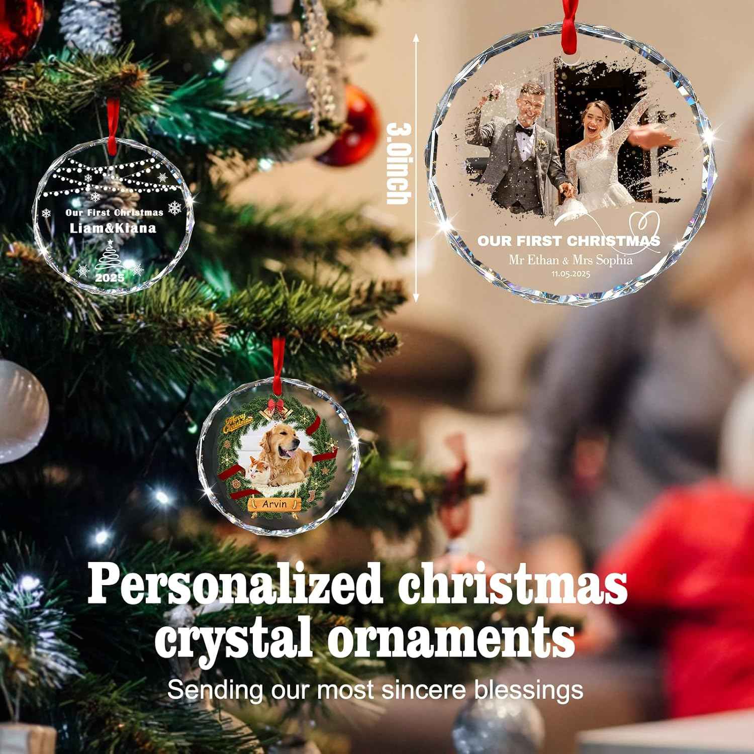 Personalized First Christmas Married Ornament 2025 - Custom 3D Crystal Photo Wedding Ornaments, Personalized Xmas Gifts for Couples (Married)