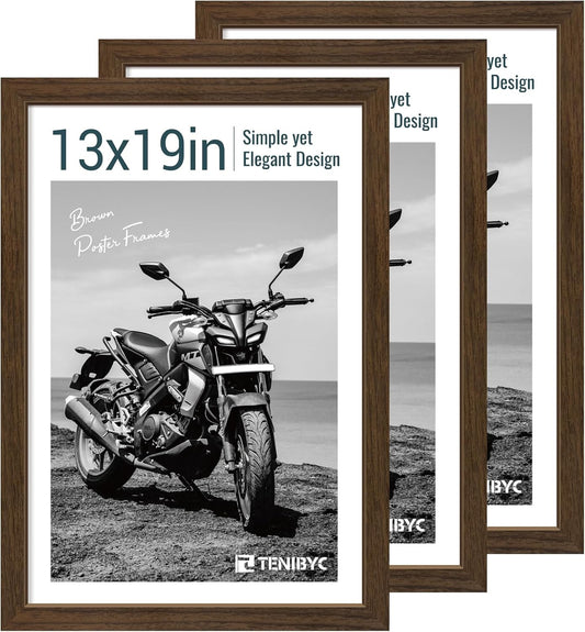 13x19 Picture Frame 3 Pack - Brown Woodgrain, Wood Photo Frame, HD Tempered Glass, Wall Gallery Poster Frame