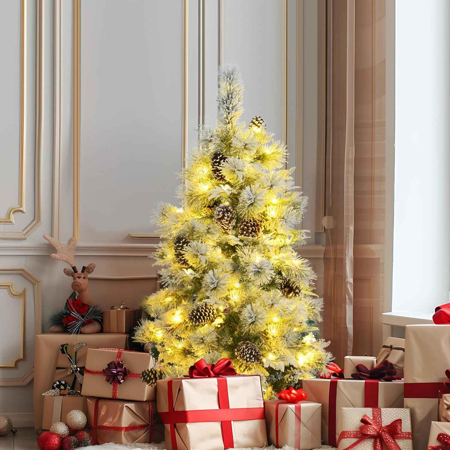 4FT Pre-Lit Spruce Snow Flocked Artificial Christmas Tree - Xmas Tree for Christmas,120 Multi-Color LED Lights and 170 Branch Tips, 11 Flashing Modes for Home Office Christmas Decor
