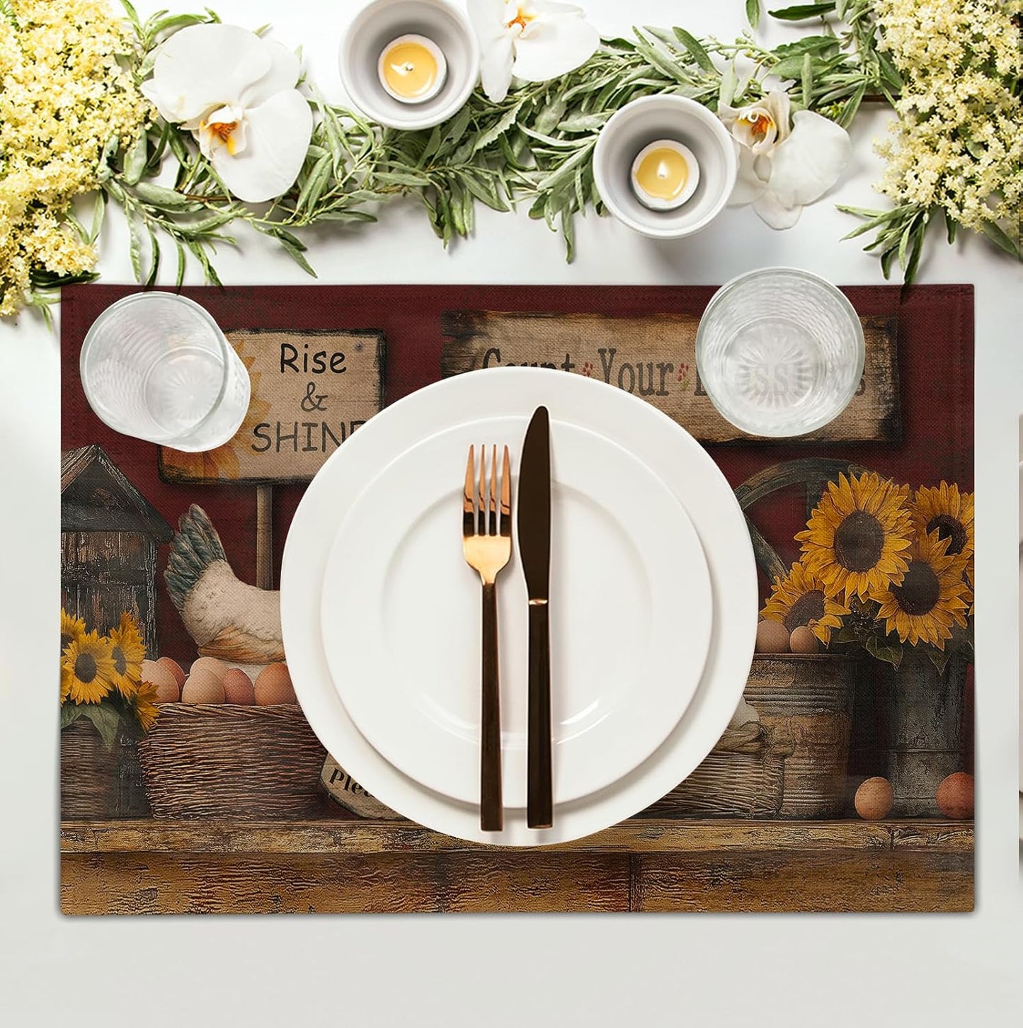 Farmhouse Rooster Placemats Set of 4 Farm Animal Chicken Place Mats 12x18 Inch Vintage Rustic Country Linen Table Mat Washable Non-Slip Placemat for Party Kitchen Dining Decor