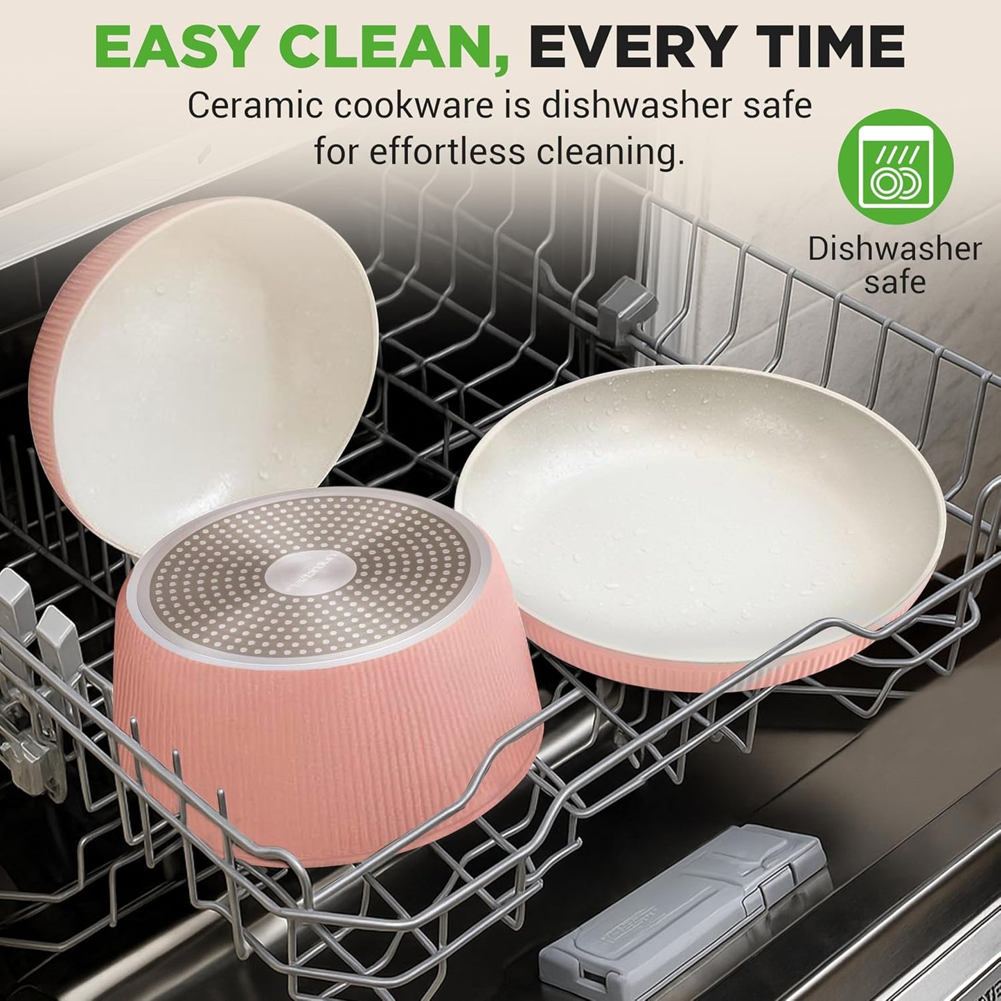NutriChef 18-Piece Ceramic Cookware Set with Detachable Handles, Space-Saving Nonstick Pots, Pans & Lids, Oven-Safe Bowls, Stackable Storage, Includes Cooking Utensils & Accessories (Pink)