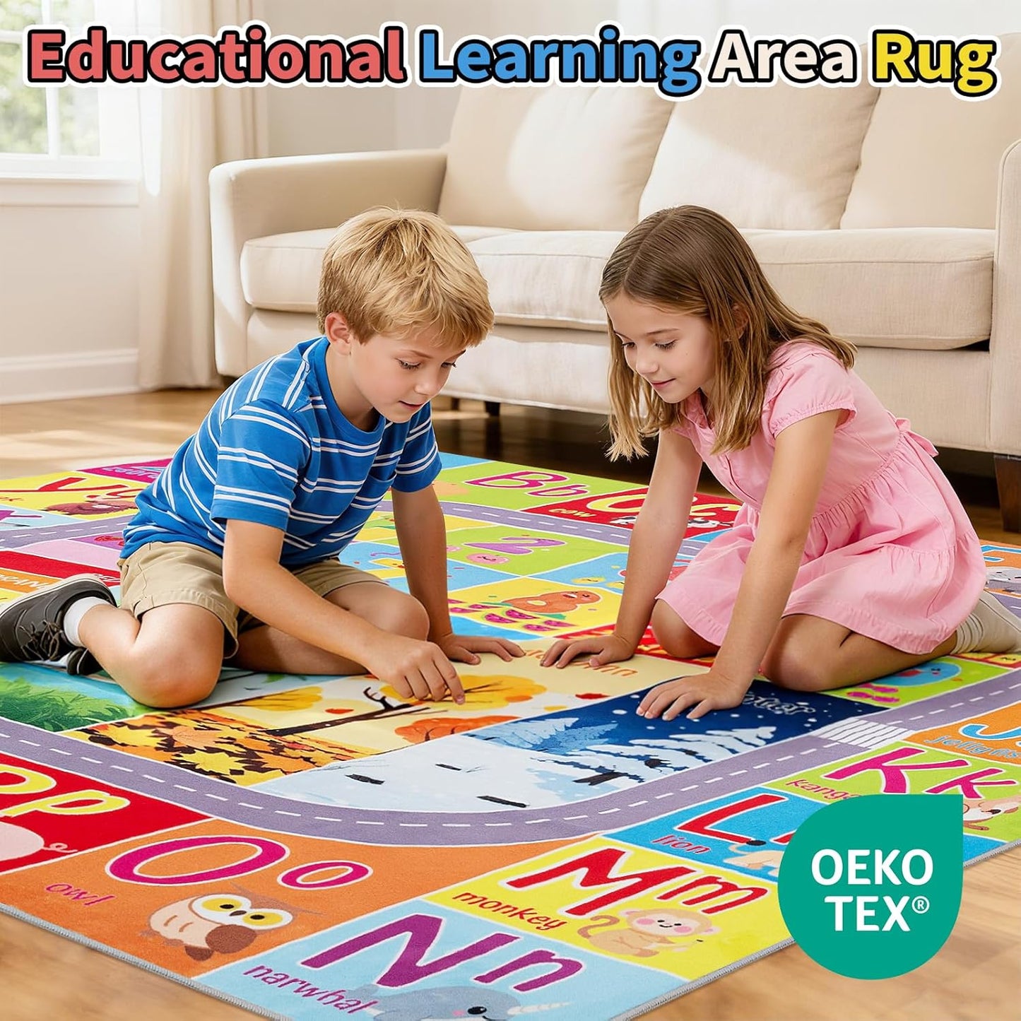 UKISS ABC Kids Rug,Toddler Educational Play Rug for Learning Alphabet, Numbers, Colors, Seasons and Animal Words,55"x55"Washable Classroom Area Rugs,Non-Slip Kids Play Mat Carpet for Playroom