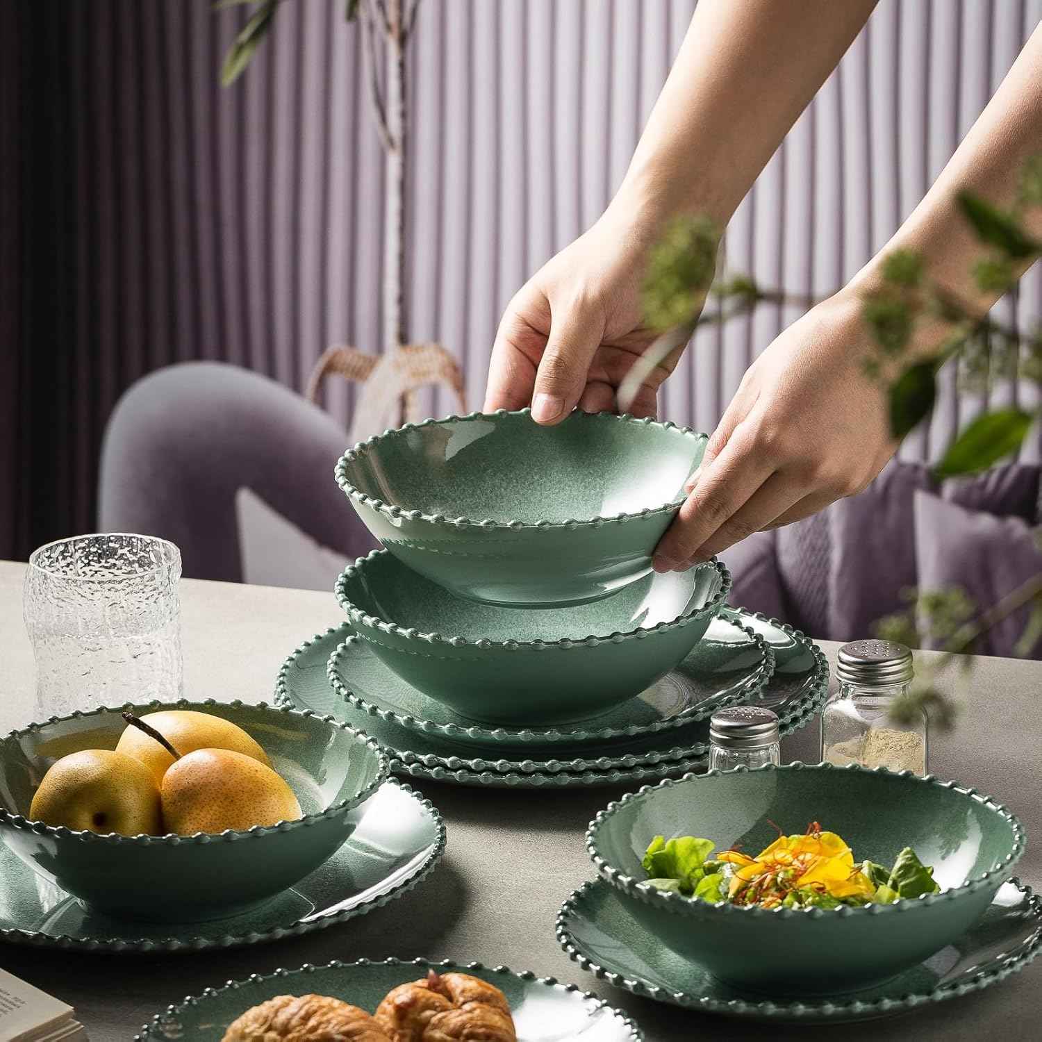 MissYIP 12 Piece Melamine Dinnerware Sets, Service for 4, Lightweight Unbreakable, BPA Free, Food Grade Plates Sets, Dishwasher Top Safe, Not Microwave, Not Oven, Indoor and Outdoor Use