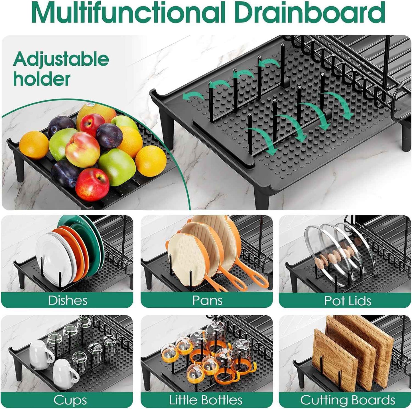 Urackify Dish Drying Rack for Kitchen Counter, Expandable 2 Tier Dish Rack, Large Capacity Dish Drainer with Drainboard Multifunctional Dish Strainer with Removable Cutlery Holder Black