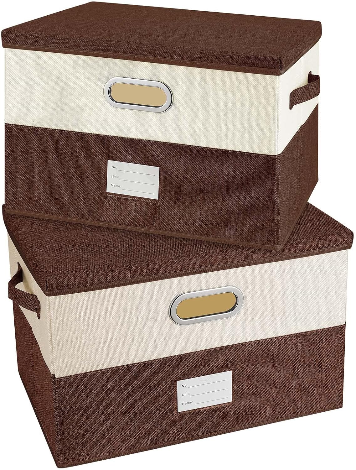 Large Linen Fabric Foldable Storage Bins with Removable Lid and Handles, Washable Storage Box Organizer Containers Baskets Cube with Cover for Bedroom,Office (Coffee&Cream, Large(2-Pack))