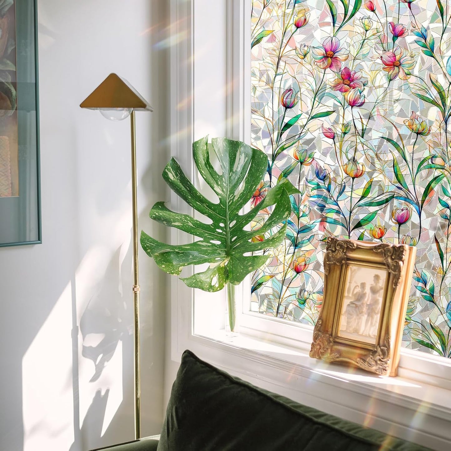 Rainbow Window Privacy Film 3D Floral Decorative Stained Glass Window Film Anti UV Non-Adhesive Reusable 23.6" x 157.4" for Home Room Car Glass Cling
