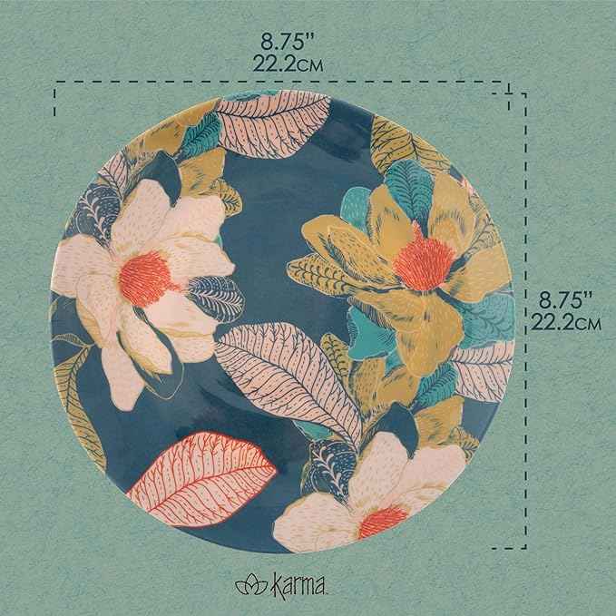 Karma, 8.75 inches Melamine Salad Plates Set of 4, Reusable Dishwasher Safe Plates for Outdoor and Indoor, Seaside Floral