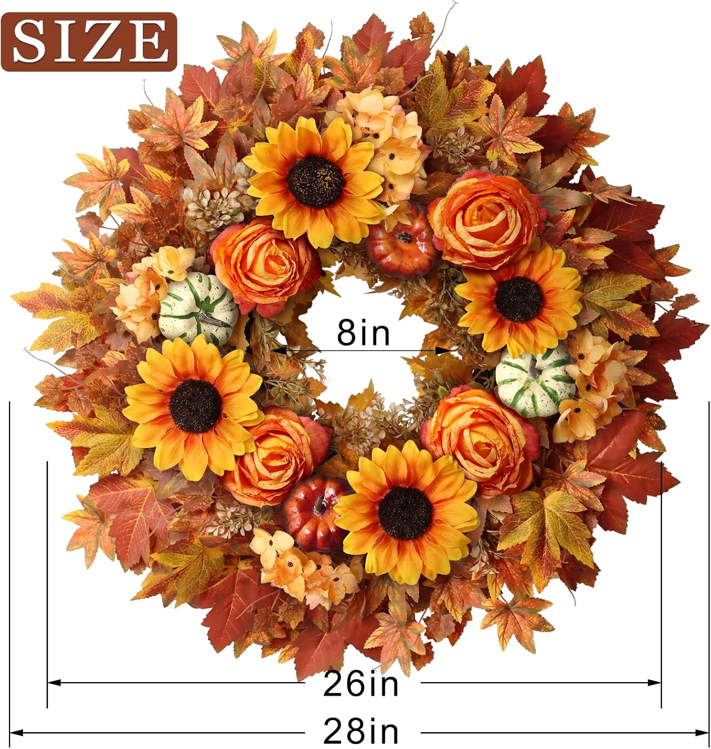 28'' Large Fall Wreath for Front Door, Porch, Window- Artificial Maple Leaves Fake Pumpkins Faux Rose Sunflower Outdoor Autumn Wreath for Home, Farmhouse Wall Thanksgiving Day Harvest Festival Decor