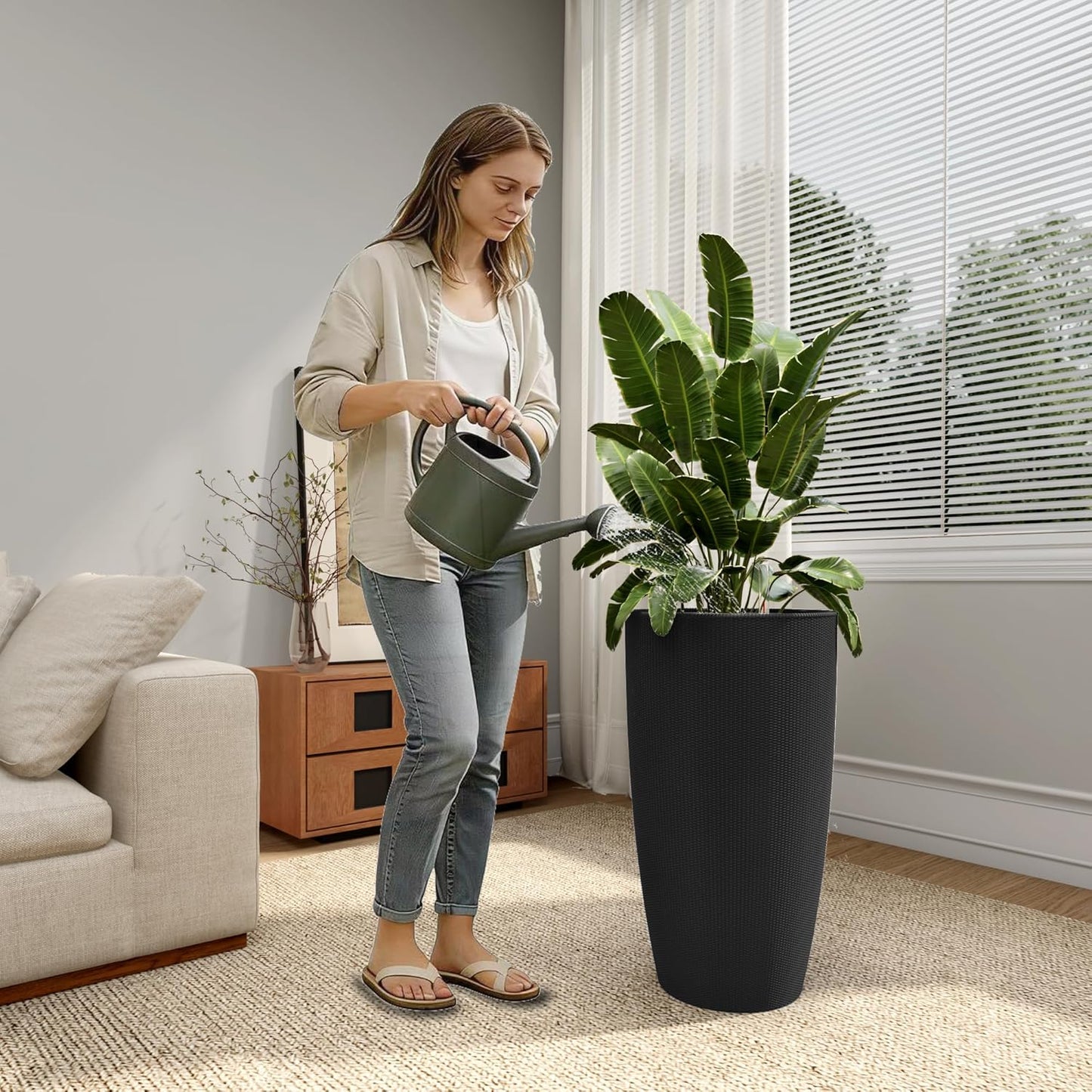 22" Tall Planter Set of 2, Large Self Watering Pots for Indoor/Outdoor Plants with Drain Holes, Water Level Monitor, Inner Bucket for Front Porch Patio, Black Rattan Conical