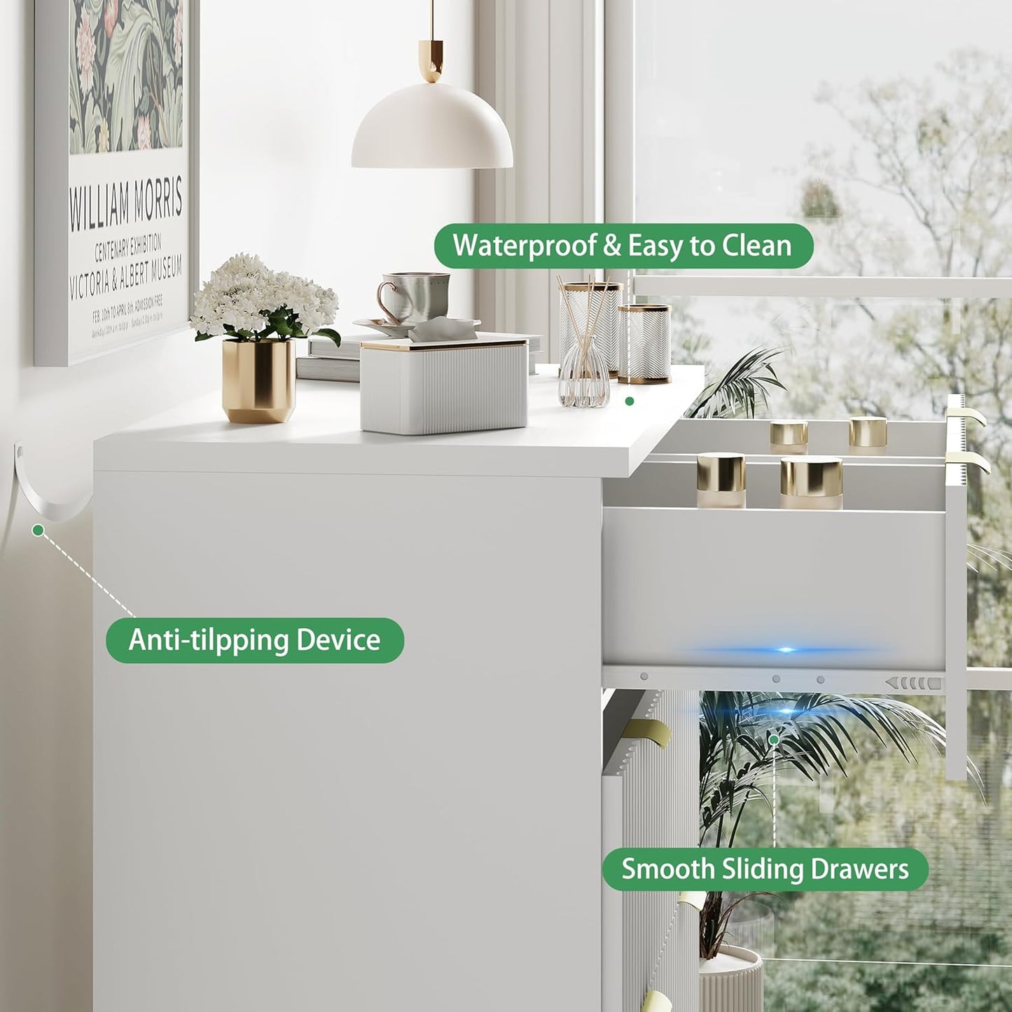 Fluted Dresser for Bedroom with 6 Drawers, 46" Tall Modern Chest of Drawers with Metal Handle, Wooden Dresser TV Stand, Wood Closet Clothes Storage Organizer for Living Room, Hallway, White