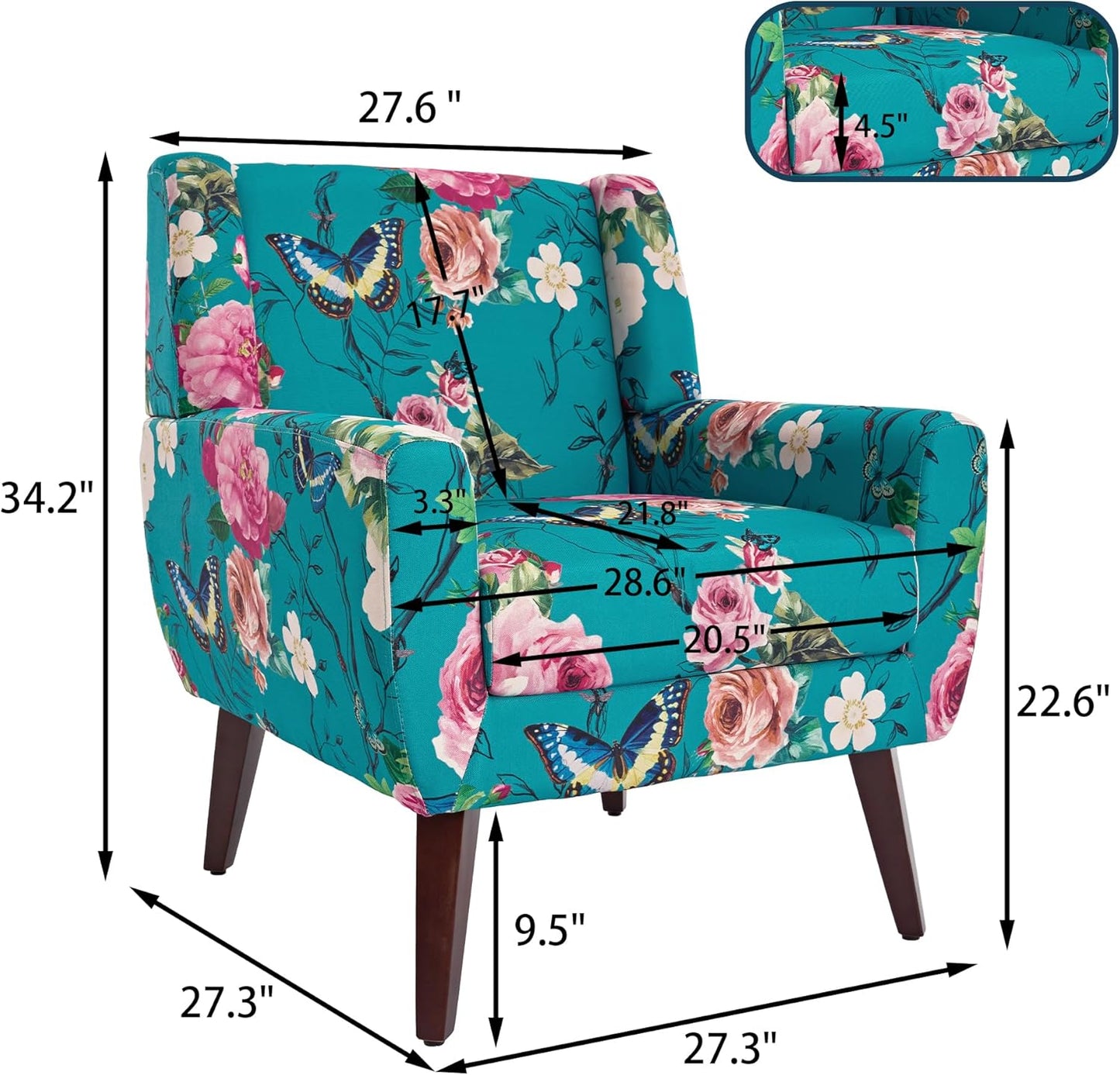 UIXE Floral Accent Chair, Modern Upholstered Armchair in Fabric for Living Room, Comfy Club Arm Chairs Single Sofa Button Tufted Bedroom Reading Seat - Pattern Blue, Set of 2