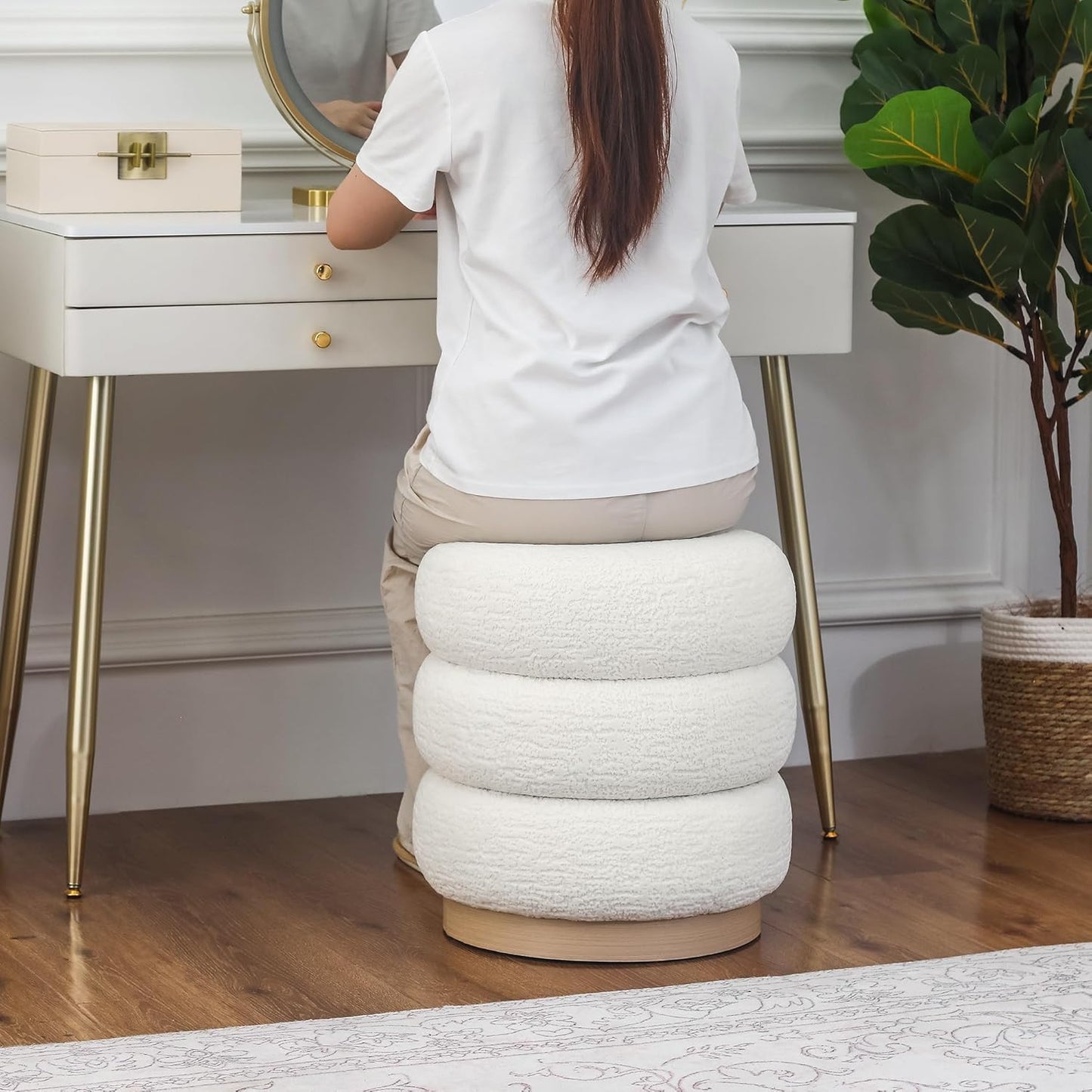 Velvet Round Pouf Ottoman, 16.5" Modern Upholstered Footrest Stool for Living Room & Bedroom Vanity, White