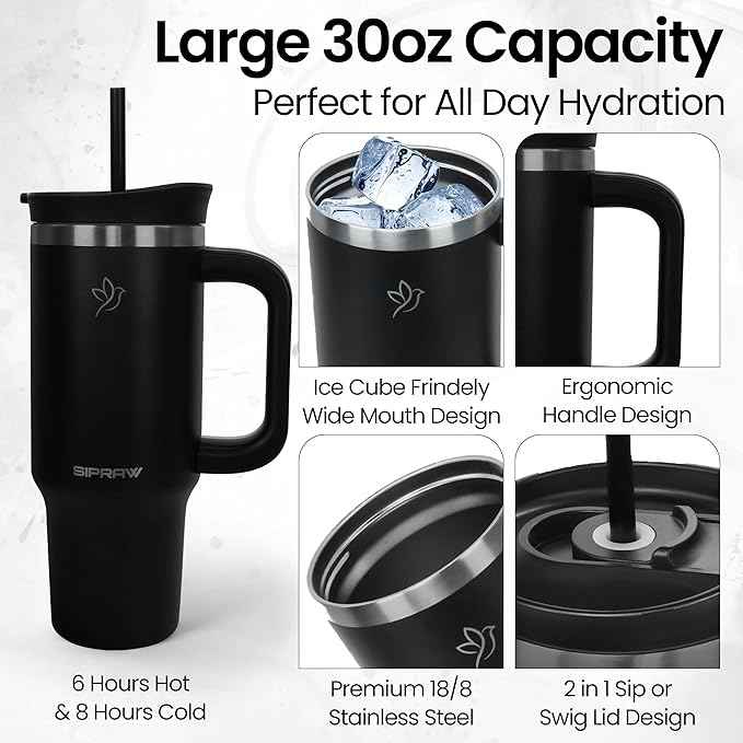 30oz Tumbler with Handle and Straw Insulated Stainless Steel Travel Mug Vacuum Double Wall Coffee Cup Leak Resistant Lid BPA-Free Cup Holder Friendly for Hot & Cold Drinks, Black