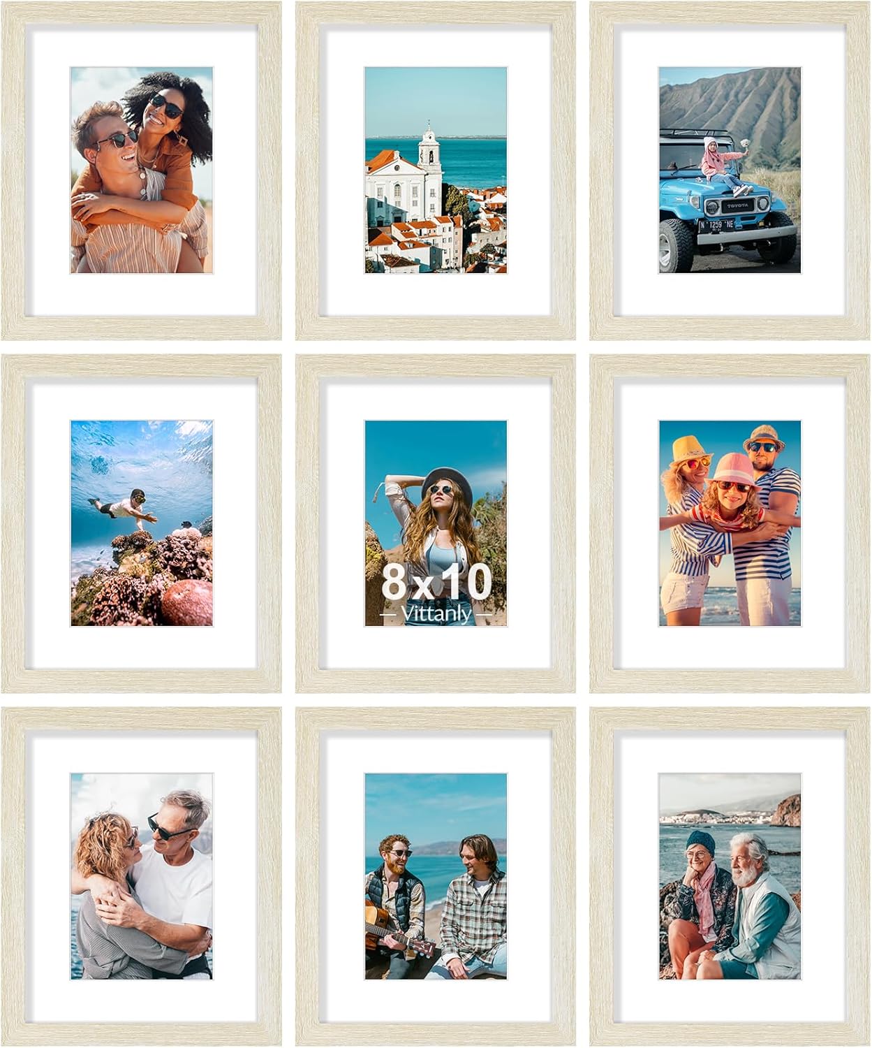 Vittanly 8x10 Picture Frames Set of 9, Shatter Resistant Plexiglass, Display 5x7 Pictures with Mat or 8x10 without Mat, Photo Frames for Wall or Tabletop, Engineered Wood, Cornsilk