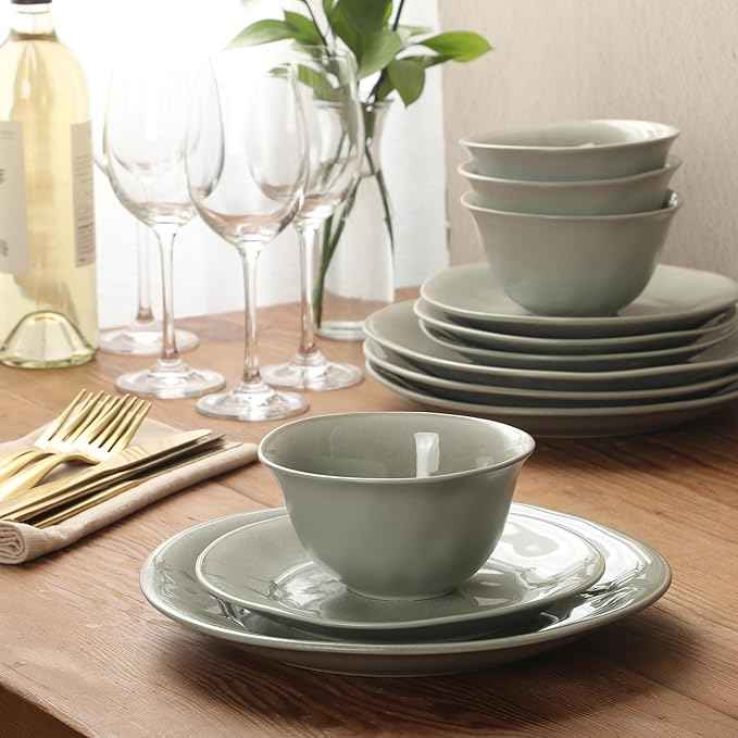 Gibson Elite Port Barton Plates and Bowls Sets, 12-Piece Stoneware Dinnerware Sets, Reactive Glaze Dish Set - Green