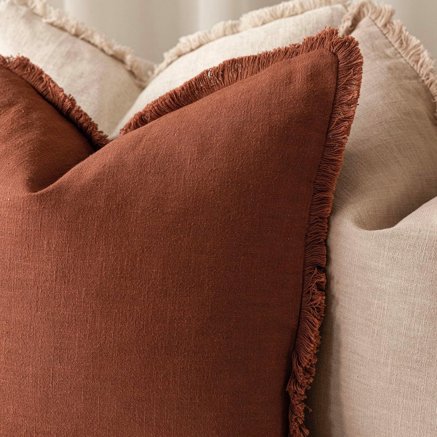 Foindtower Set of 2 Decorative Linen Fringe Throw Pillow Covers Farmhouse Cushion Cover with Tassels Soft Accent Pillowcase for Couch Chair Sofa Bed Living Room Home Decor,20×20 Inch,Fall Rust Orange