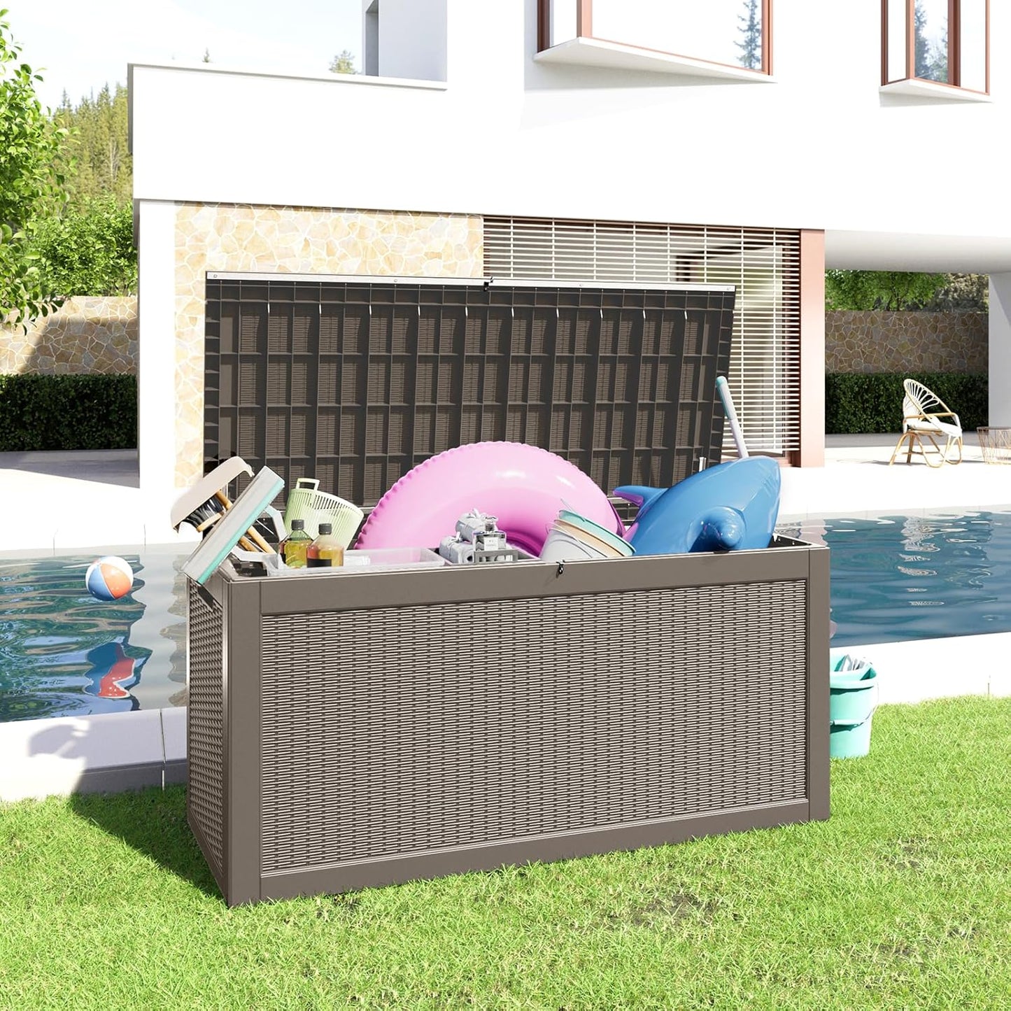 260 Gallon Resin Deck Box, Lockable Patio Outdoor Storage Box for Furniture, Garden Tools and Tools Storage, Waterproof Outside Storage Boxes - Grey