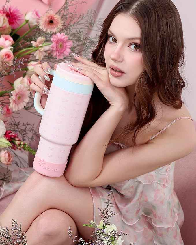 40 oz Insulated Tumbler with Handle and Push-Button Straw Lid, Stainless Steel Travel Cup for Gym Office, Leakproof, BPA-Free, Cup Holder Friendly, Bow Silicone Boot, Pink (Coquette Bloom)