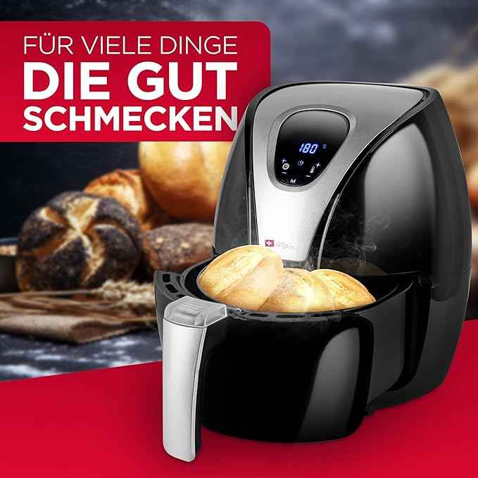 alpina Hot air fryer, fryer, roasting, frying, grilling, roasting and frying, up to 80% less fat, 2-4 people, 2.4 liters, black